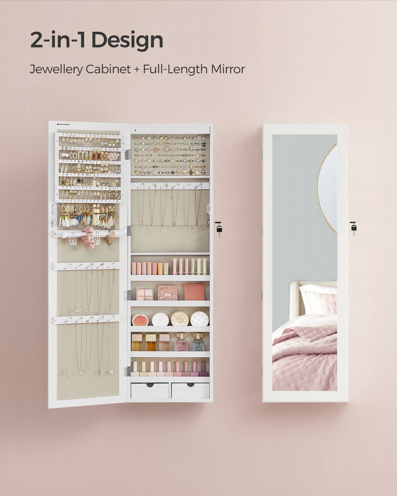 Jewellery Cabinet - Wood - White - Lockable with Mirror and Multiple Compartments