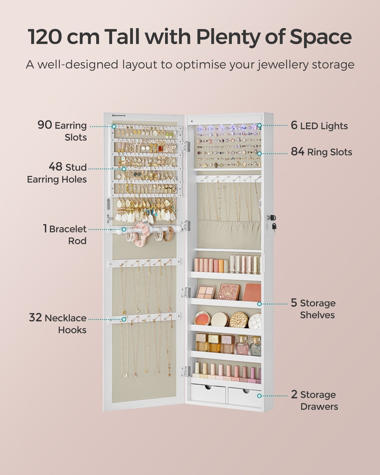 Jewellery Cabinet - Wood - White - Lockable with Mirror and Multiple Compartments