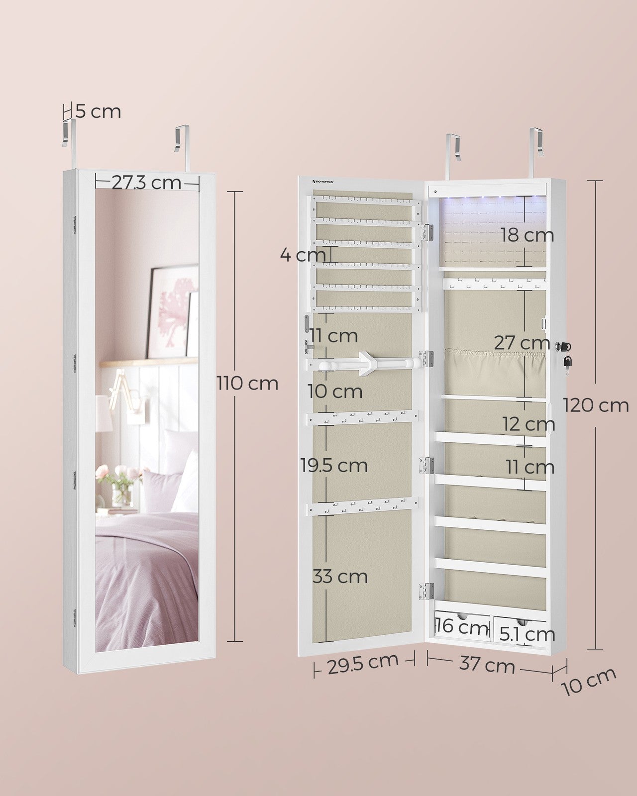 Jewellery Cabinet - Wood - White - Lockable with Mirror and Multiple Compartments