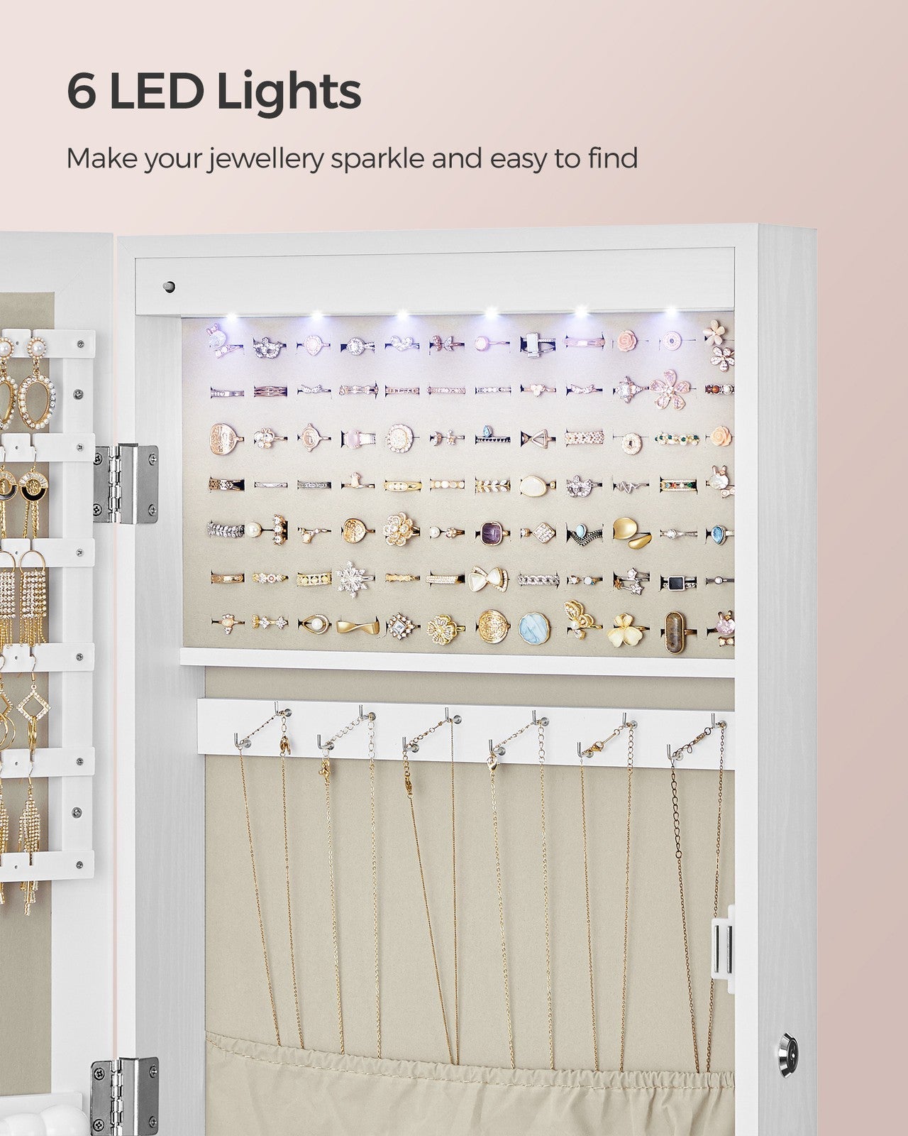 Jewellery Cabinet - Wood - White - Lockable with Mirror and Multiple Compartments