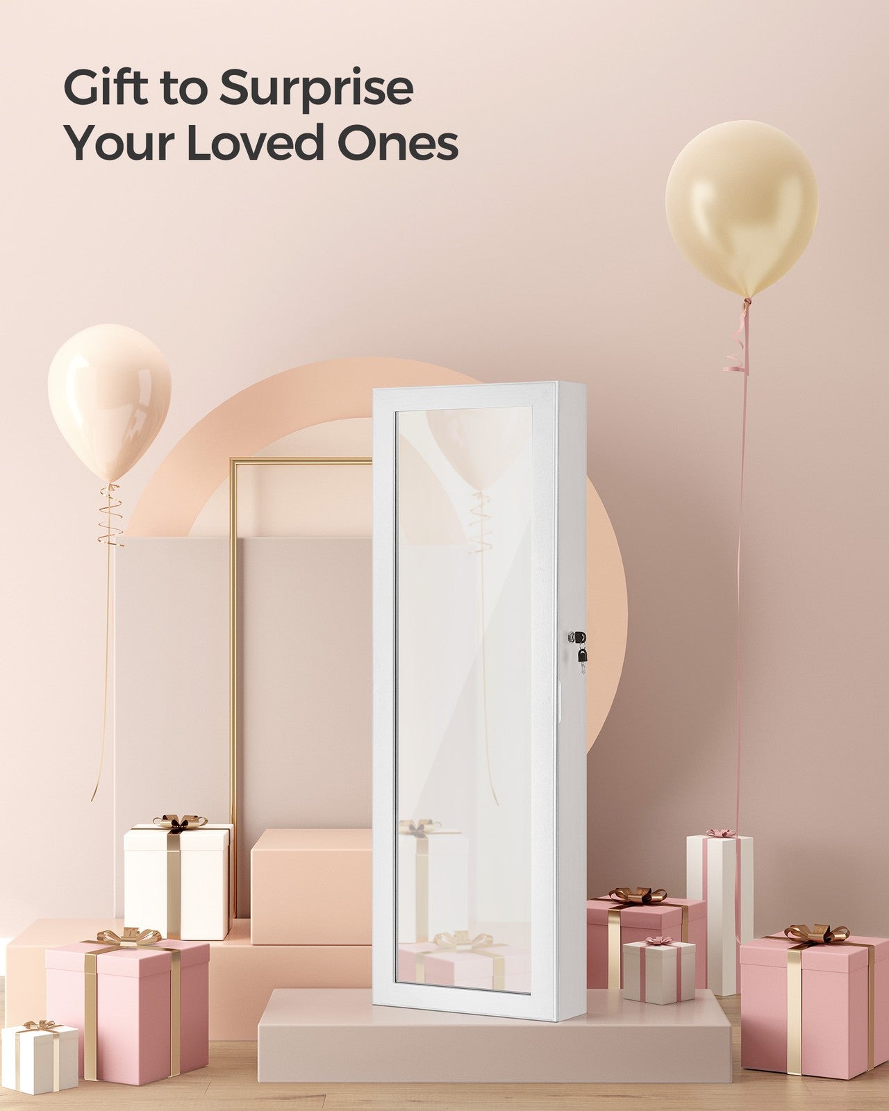 Jewellery Cabinet - Wood - White - Lockable with Mirror and Multiple Compartments