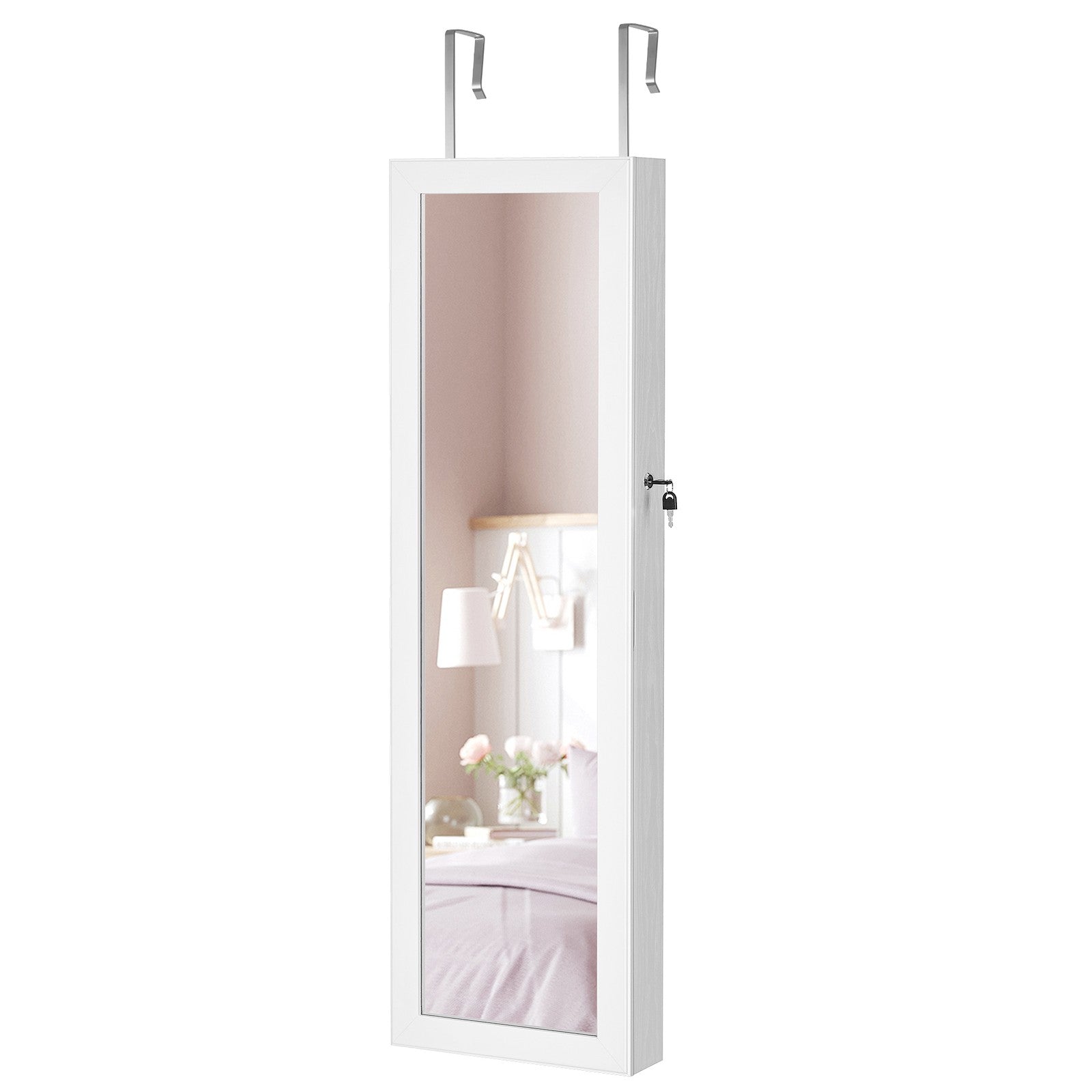 Jewellery Cabinet - Wood - White - Lockable with Mirror and Multiple Compartments
