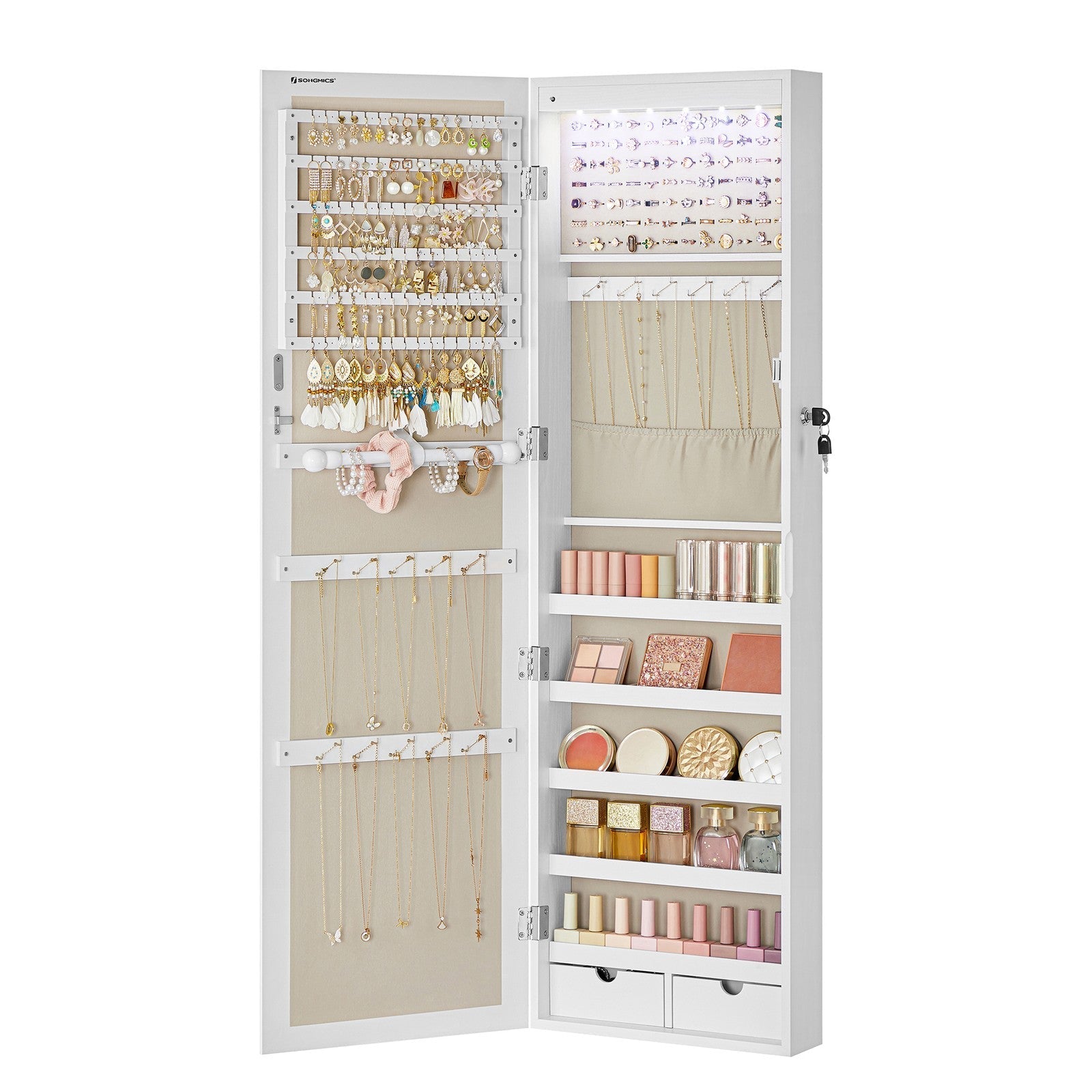 Jewellery Cabinet - Wood - White - Lockable with Mirror and Multiple Compartments
