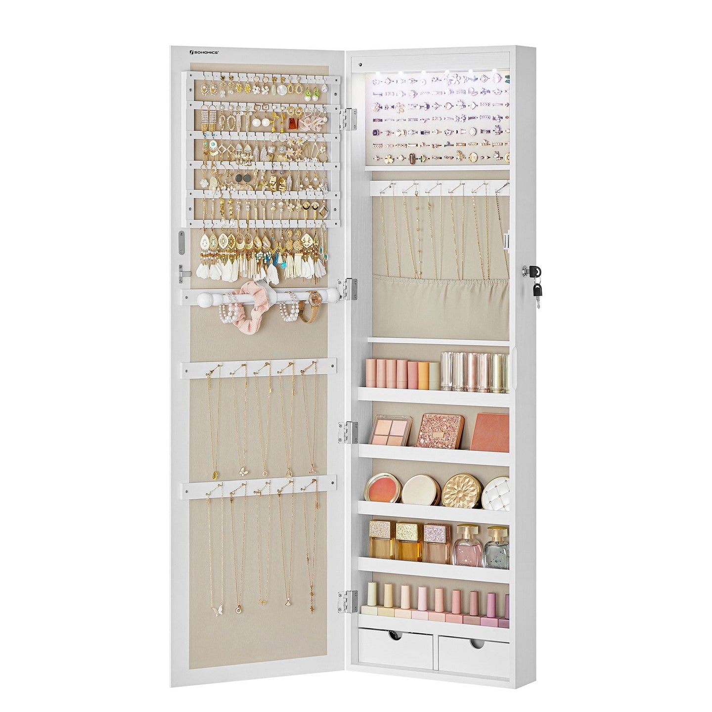 Jewellery Cabinet - Wood - White - Lockable with Mirror and Multiple Compartments