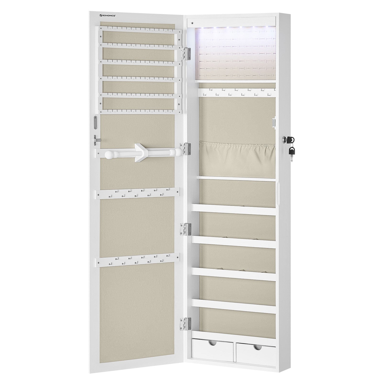 Jewellery Cabinet - Wood - White - Lockable with Mirror and Multiple Compartments