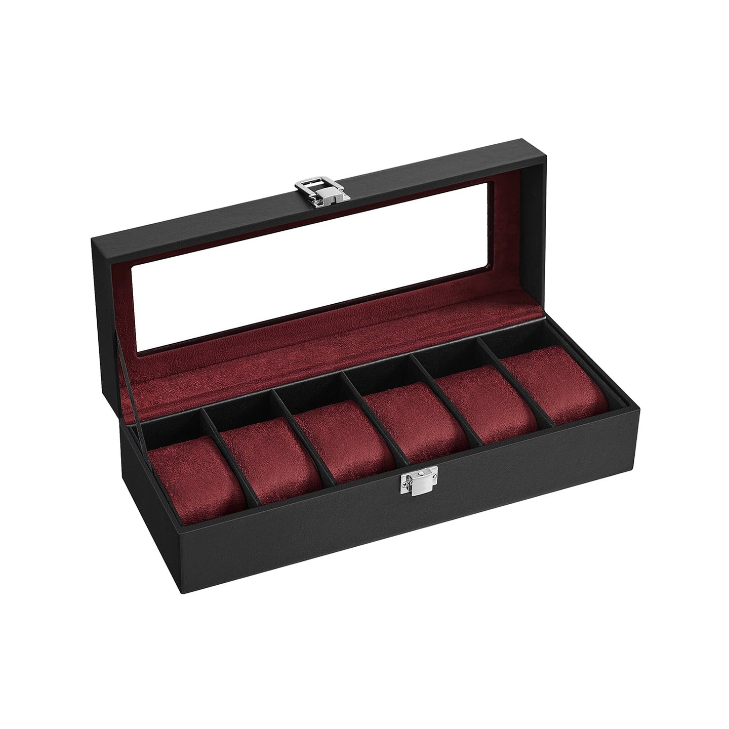 Watch Box - Glass - Black - 6 Slots with Lock and Cushions