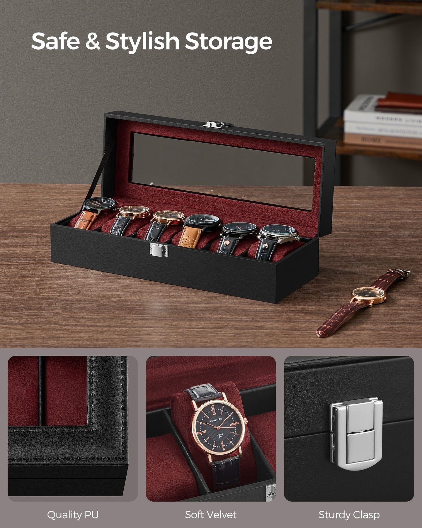 Watch Box - Glass - Black - 6 Slots with Lock and Cushions