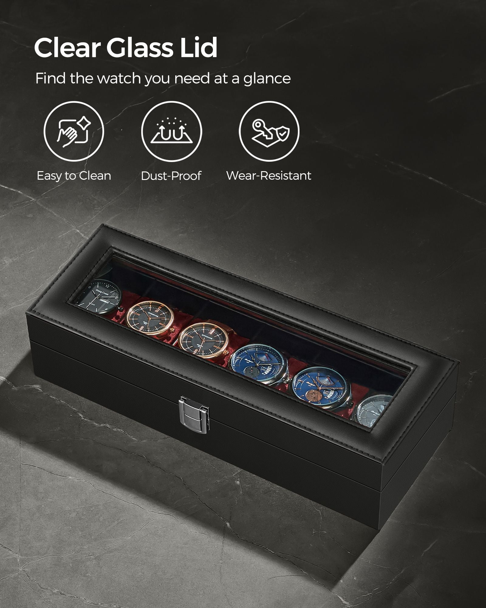 Watch Box - Glass - Black - 6 Slots with Lock and Cushions