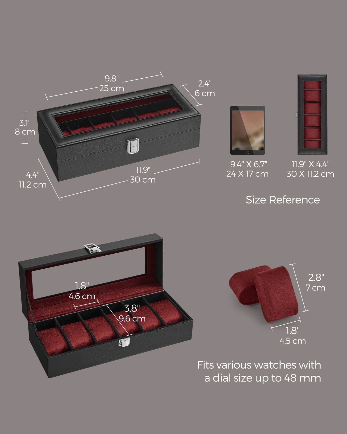 Watch Box - Glass - Black - 6 Slots with Lock and Cushions