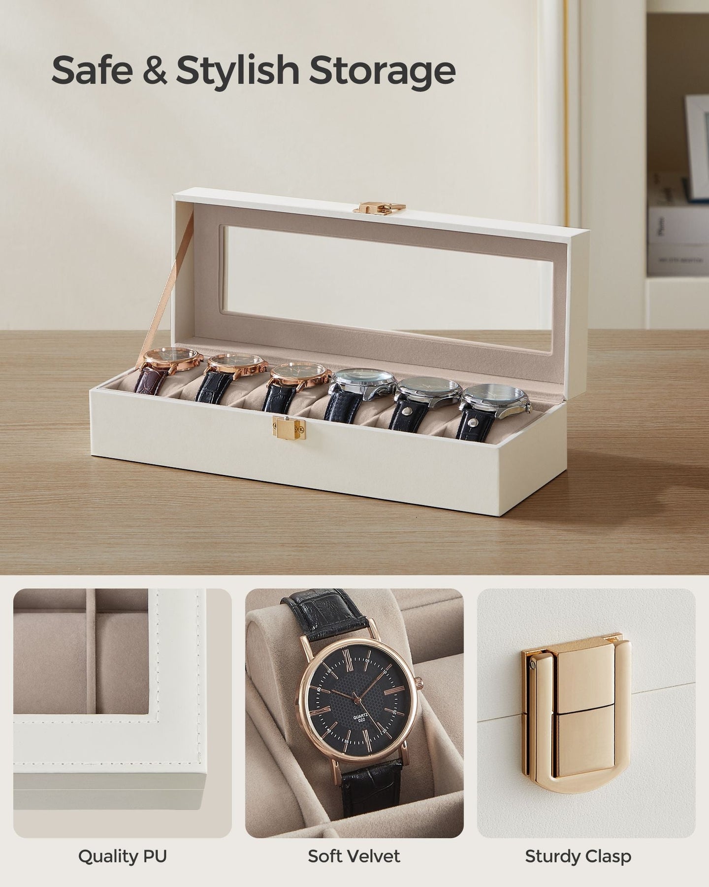 Watch Box - Glass - Black - 6 Slots with Lock and Cushions