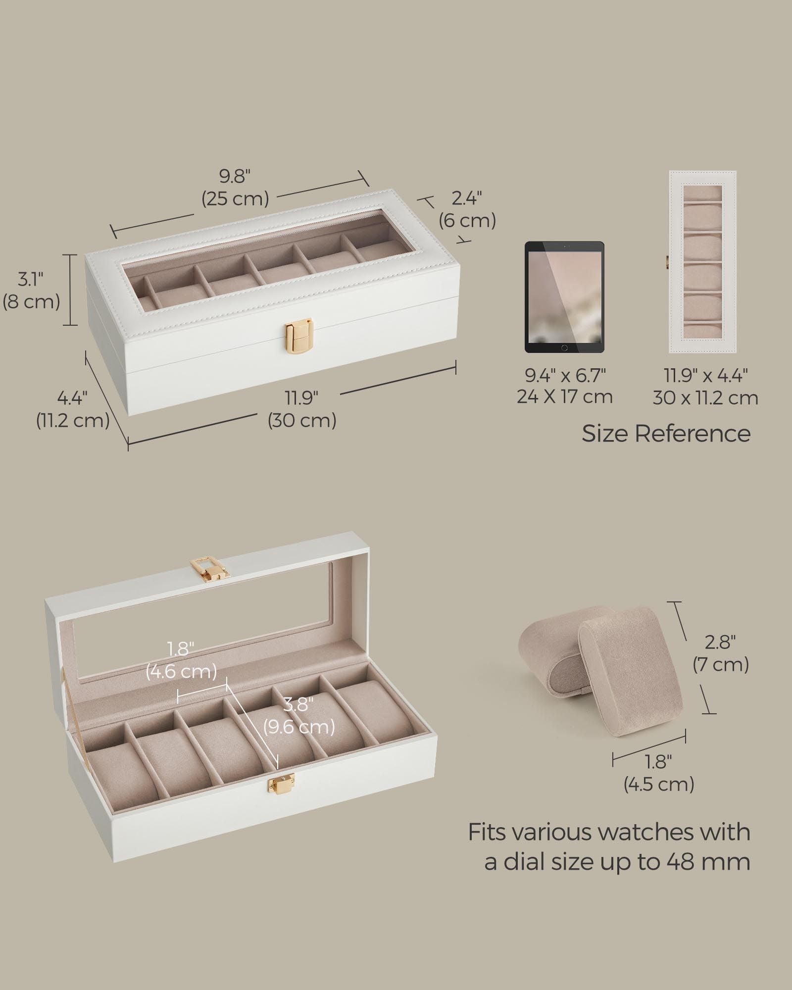 Watch Box - Glass - Black - 6 Slots with Lock and Cushions