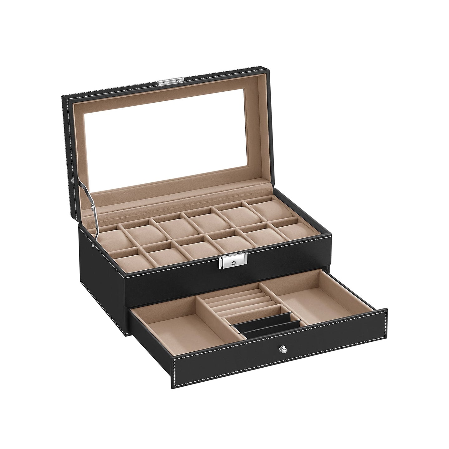 Double Layer Watch Box - Wood - Black - with Glass Lid and Bracelet Bangle Tray