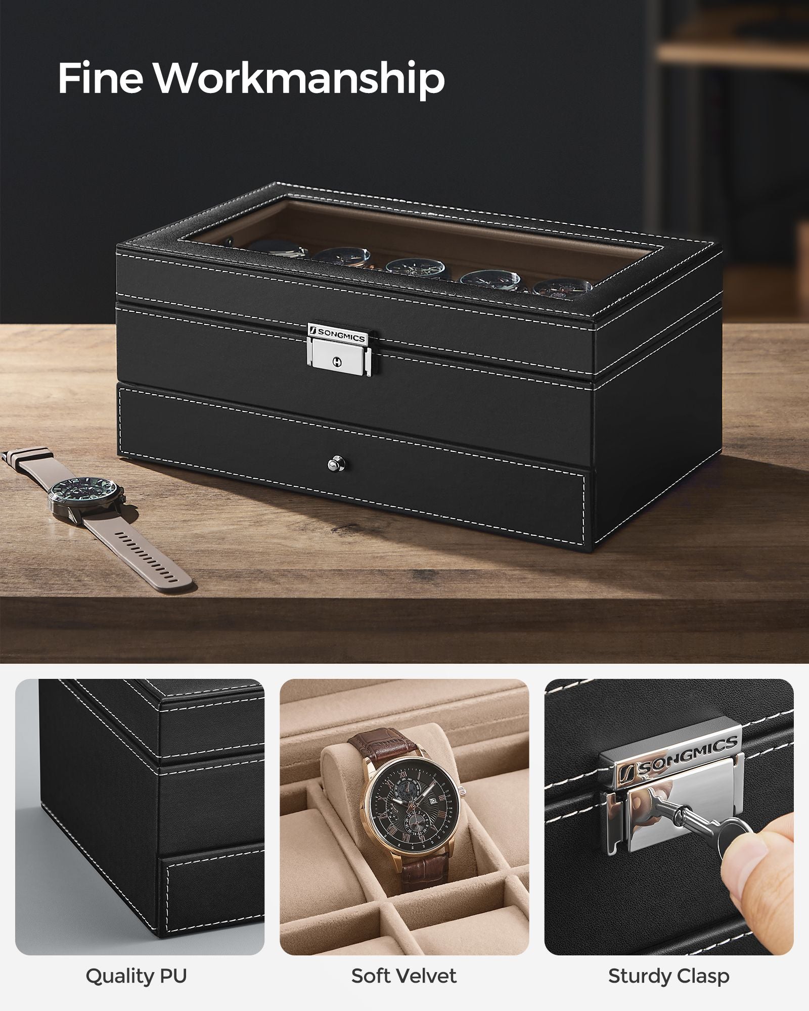 Double Layer Watch Box - Wood - Black - with Glass Lid and Bracelet Bangle Tray
