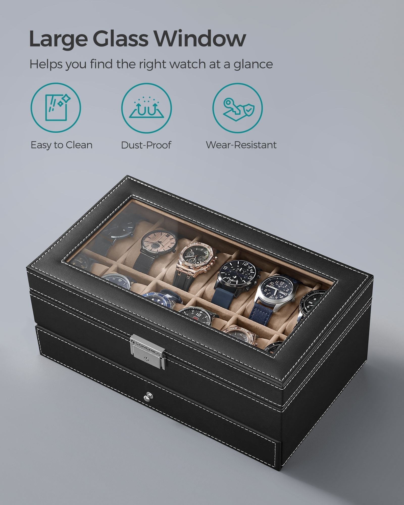 Double Layer Watch Box - Wood - Black - with Glass Lid and Bracelet Bangle Tray