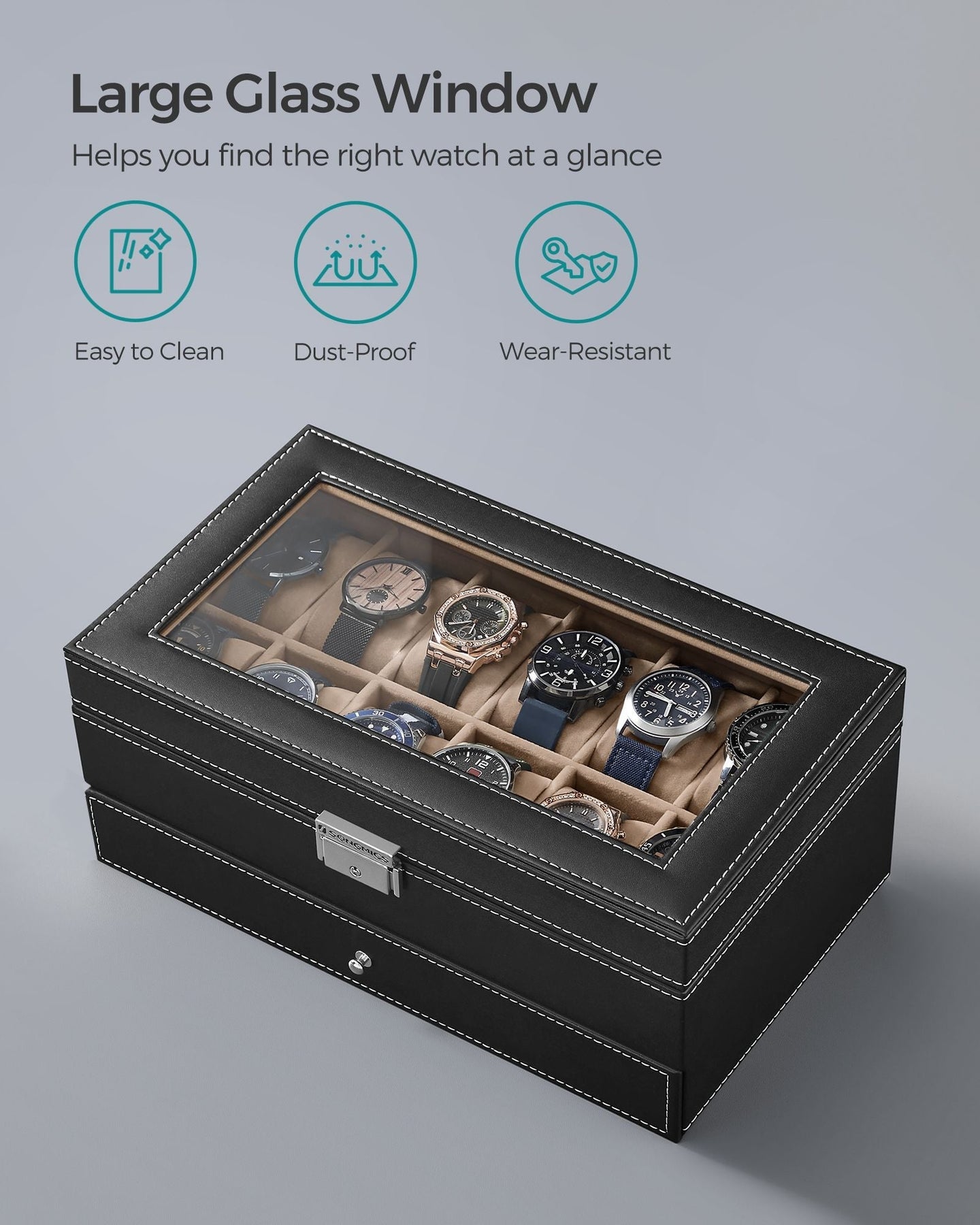 Double Layer Watch Box - Wood - Black - with Glass Lid and Bracelet Bangle Tray