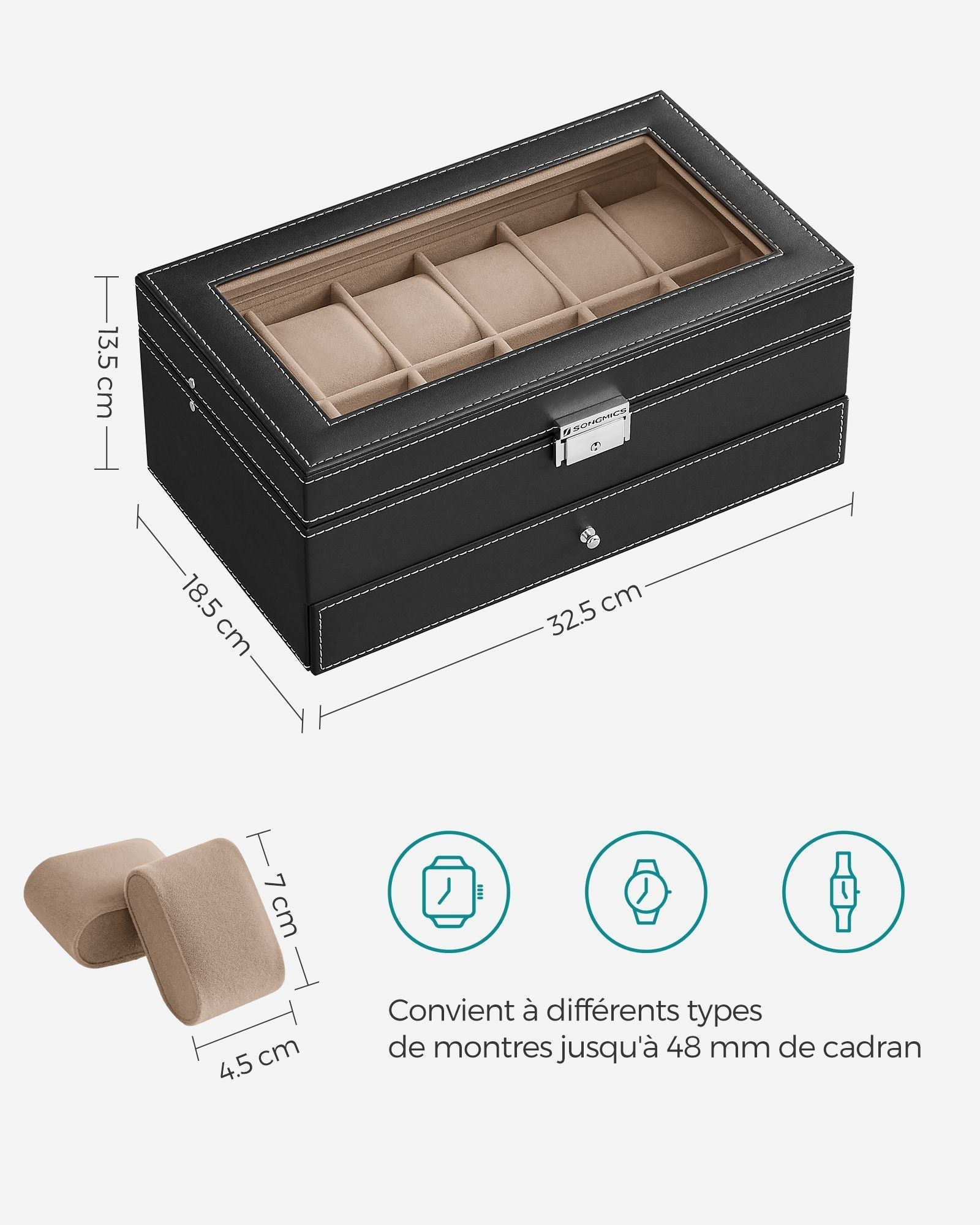 Double Layer Watch Box - Wood - Black - with Glass Lid and Bracelet Bangle Tray
