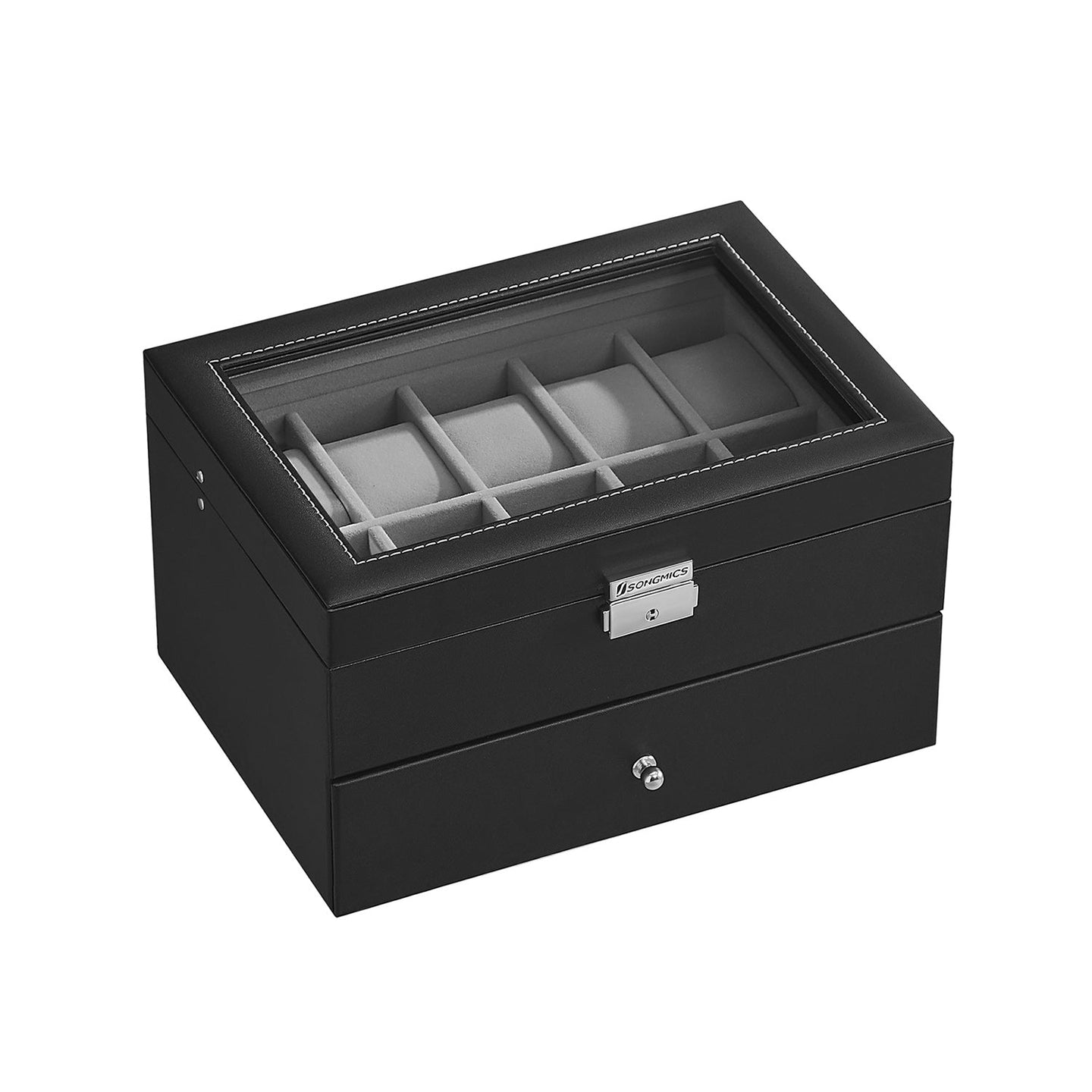Watch Box - PU - Black - 24 Slot Large Storage Display Case with Glass Lid and Velvet Lining