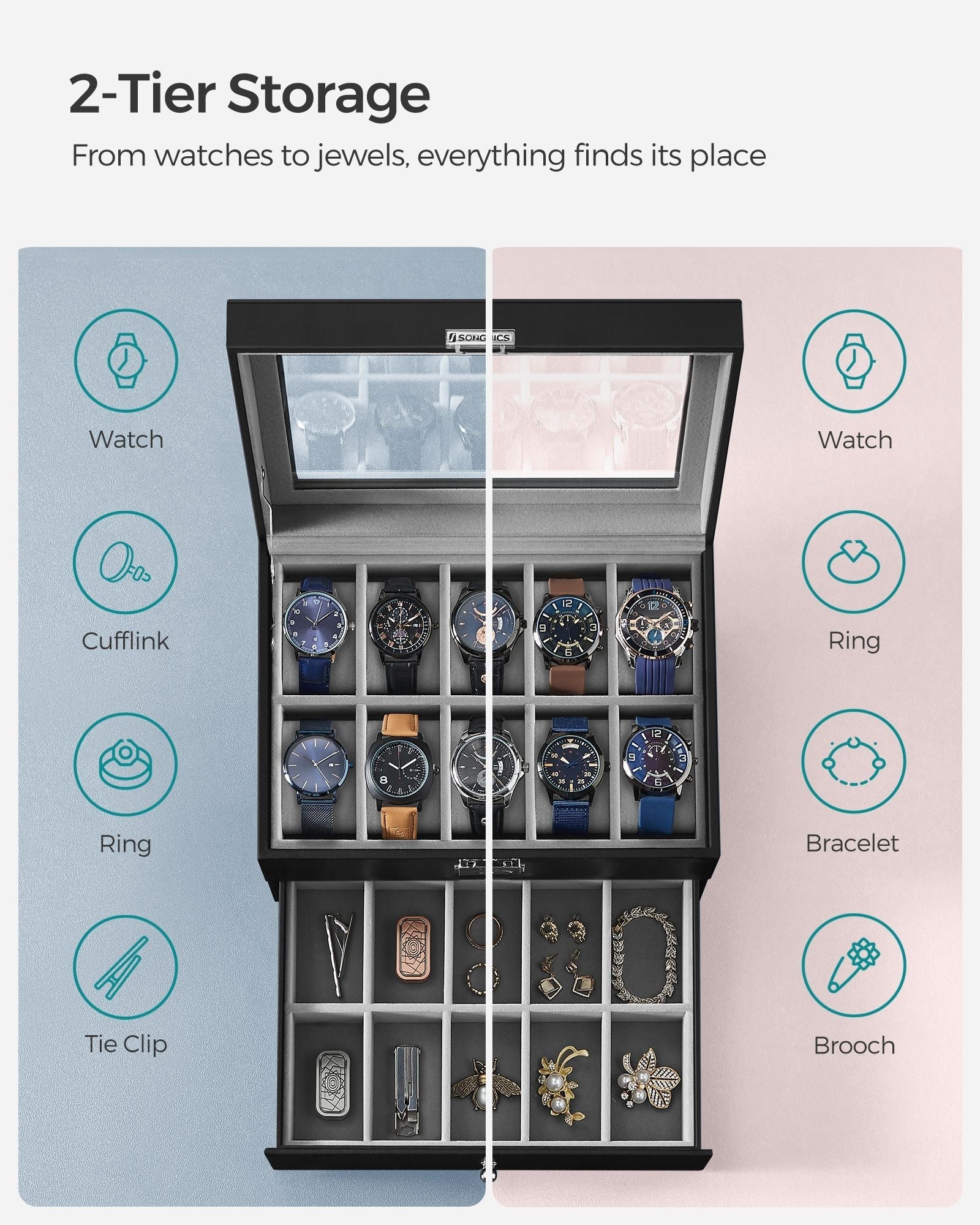 Watch Box - PU - Black - 24 Slot Large Storage Display Case with Glass Lid and Velvet Lining