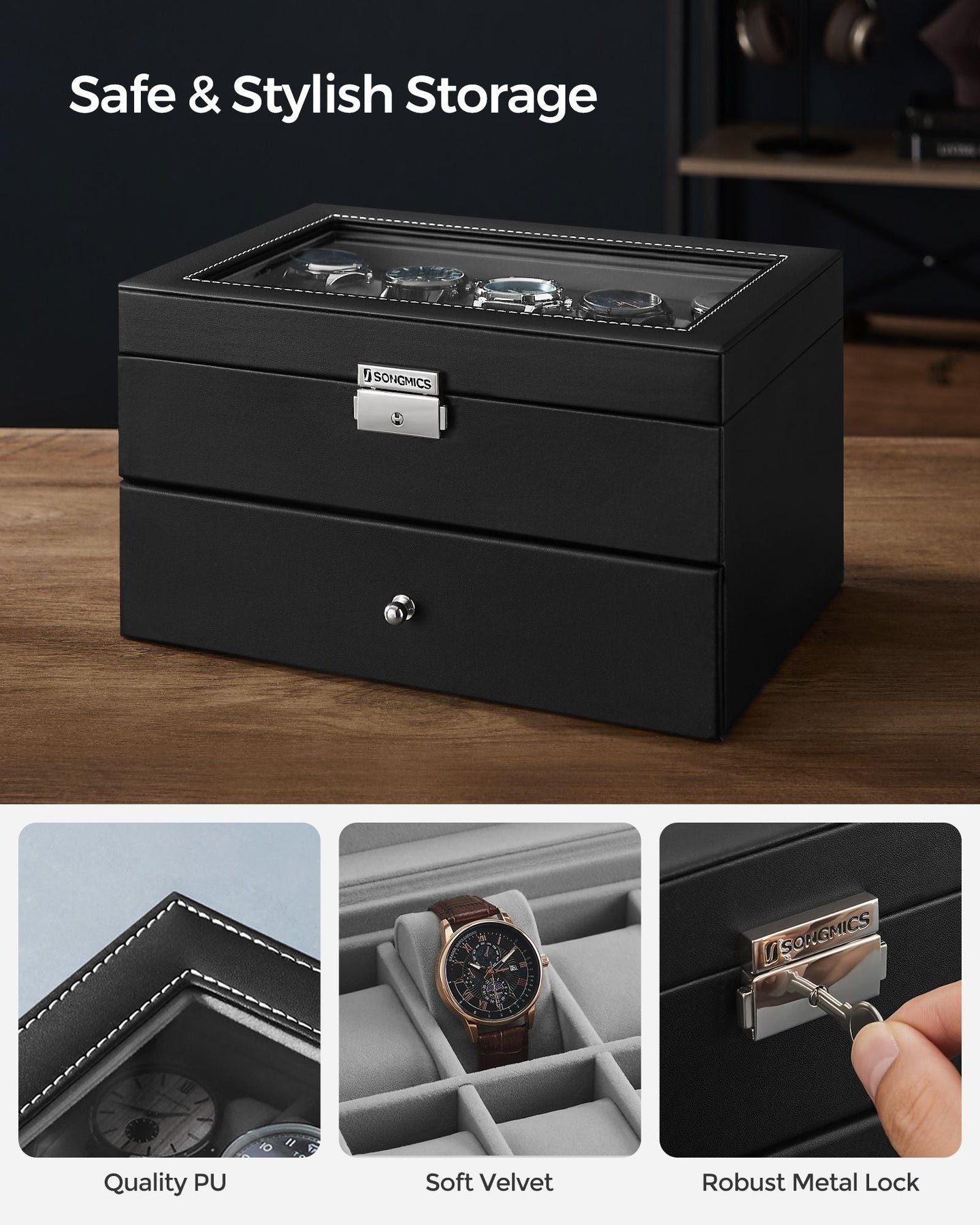 Watch Box - PU - Black - 24 Slot Large Storage Display Case with Glass Lid and Velvet Lining