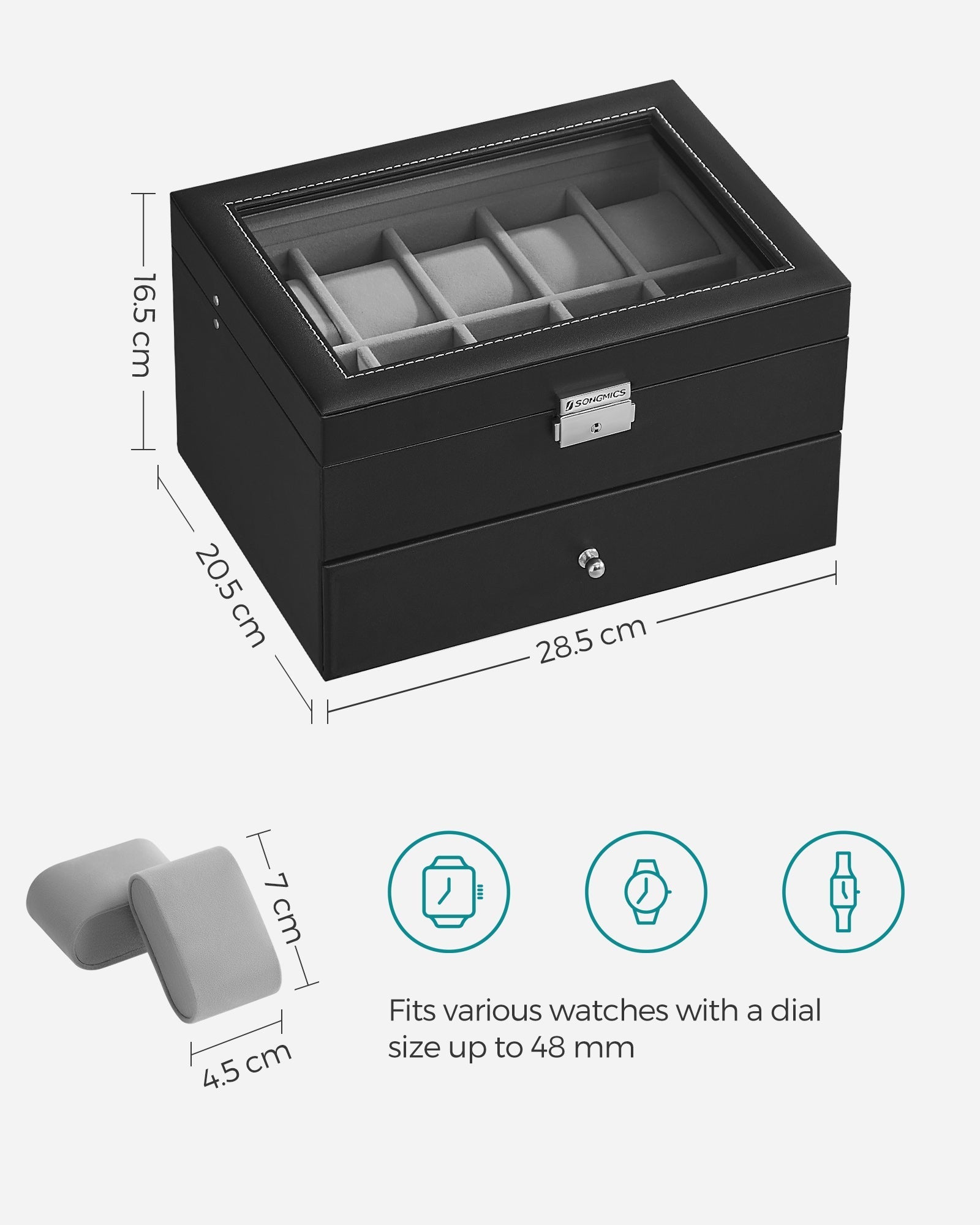 Watch Box - PU - Black - 24 Slot Large Storage Display Case with Glass Lid and Velvet Lining