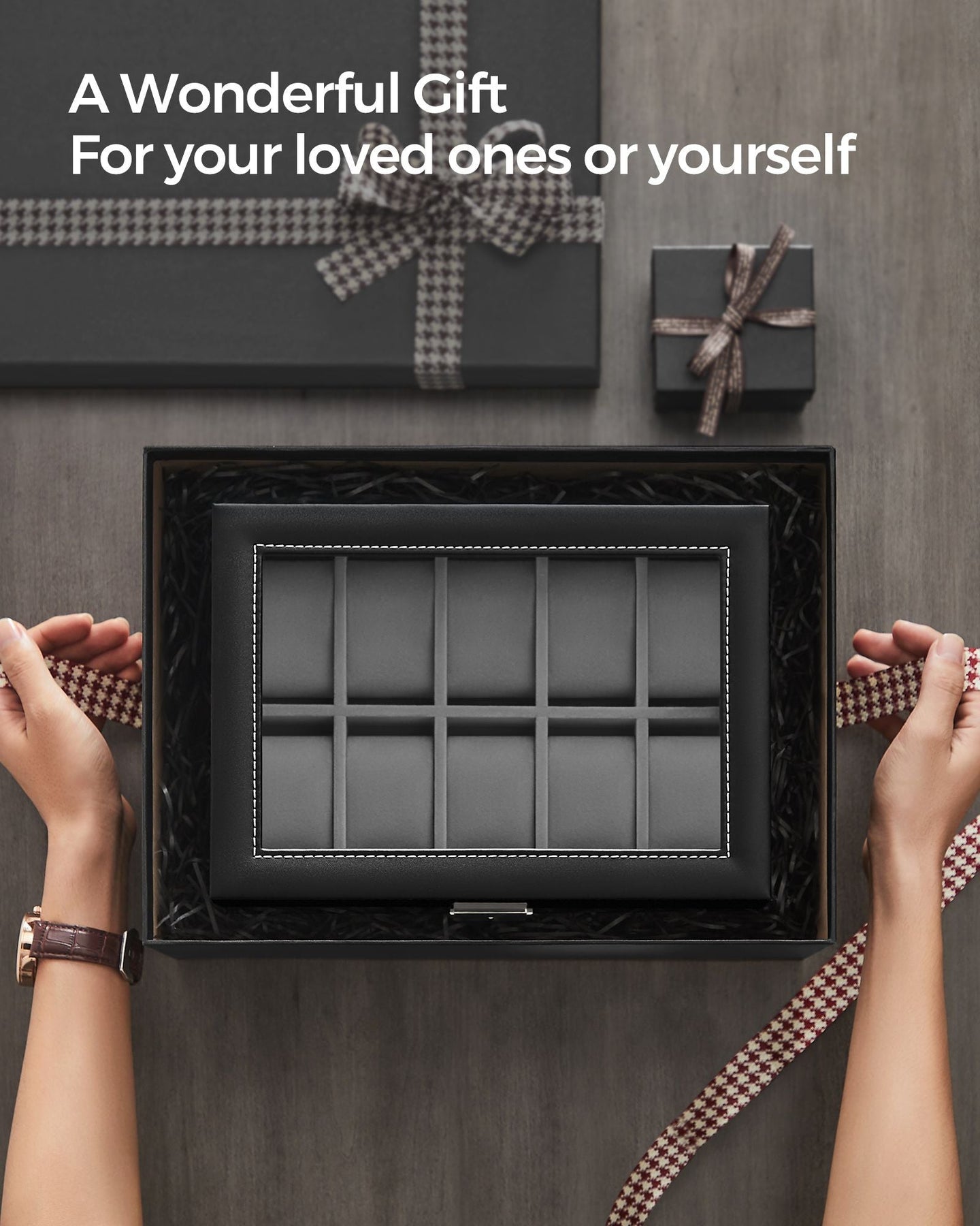 Watch Box - PU - Black - 24 Slot Large Storage Display Case with Glass Lid and Velvet Lining