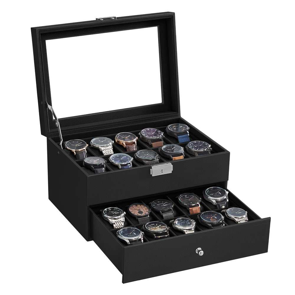 2-Tier Watch Box - MDF and Paper - Black Synthetic Leather