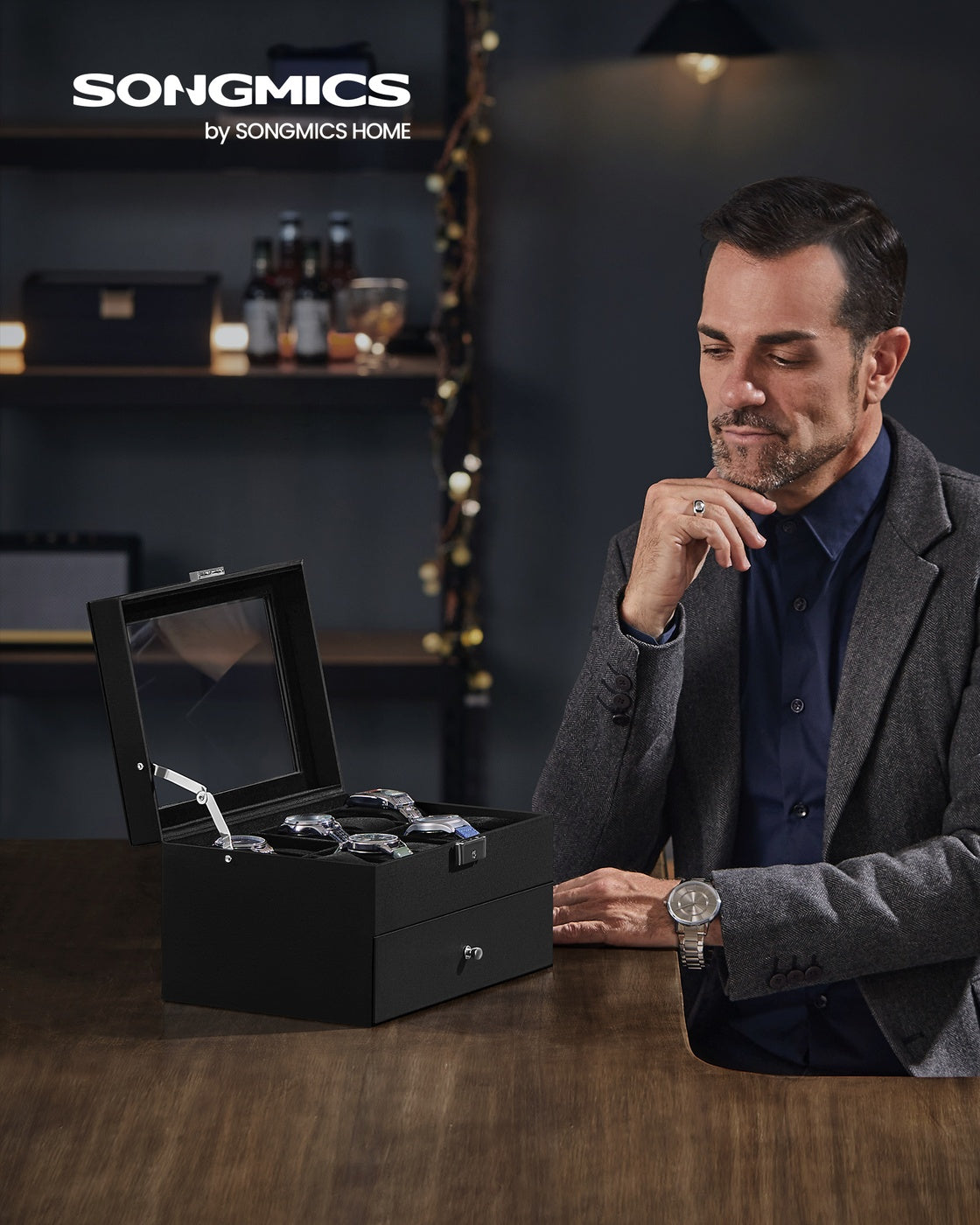 2-Tier Watch Box - MDF and Paper - Black Synthetic Leather