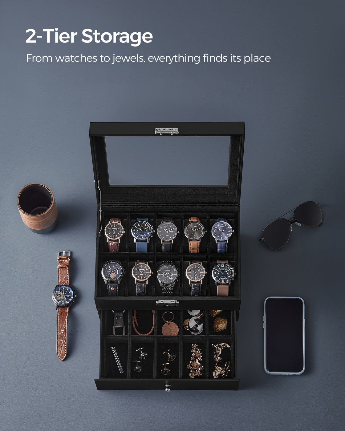 2-Tier Watch Box - MDF and Paper - Black Synthetic Leather