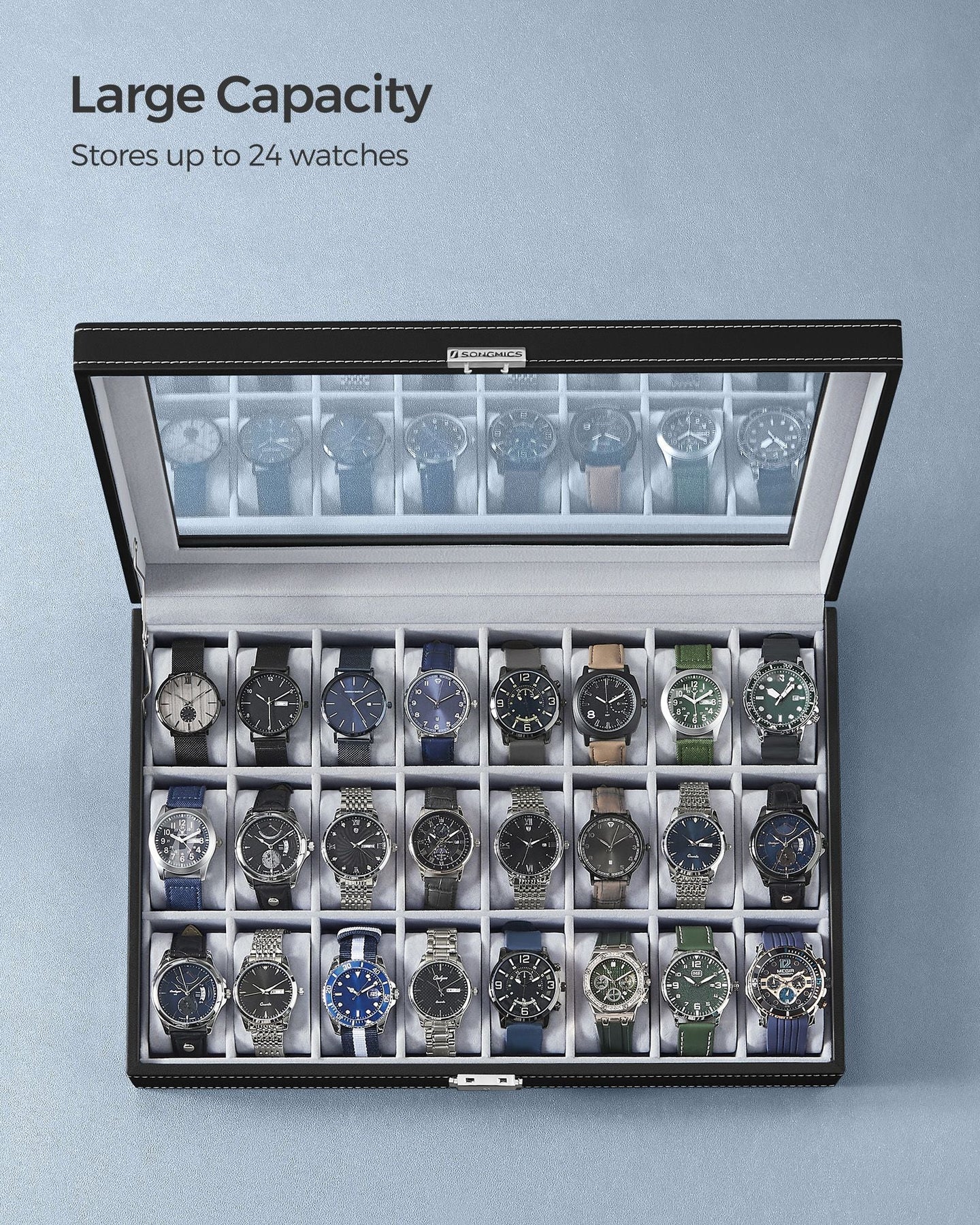Watch Box - Faux Leather - Black - 24 Slots for Storage and Display