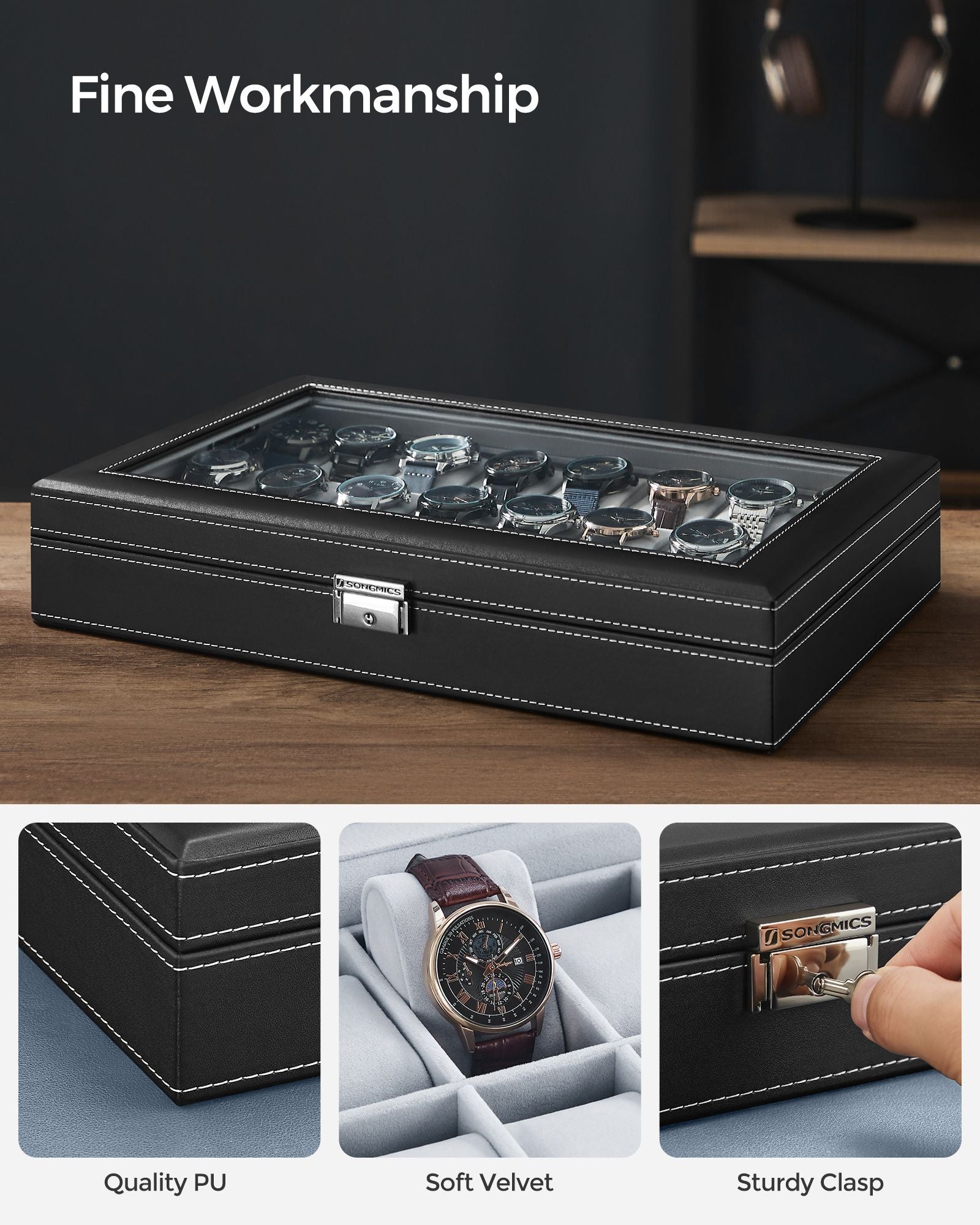 Watch Box - Faux Leather - Black - 24 Slots for Storage and Display