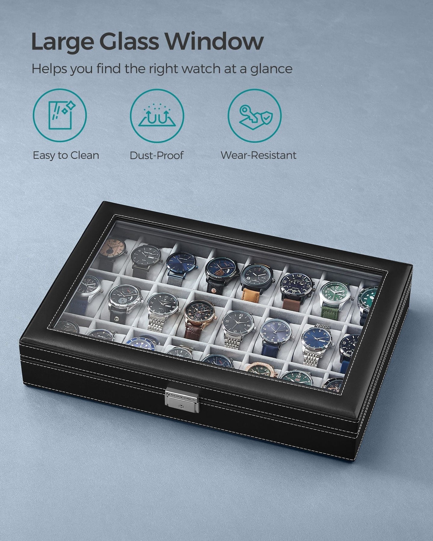 Watch Box - Faux Leather - Black - 24 Slots for Storage and Display