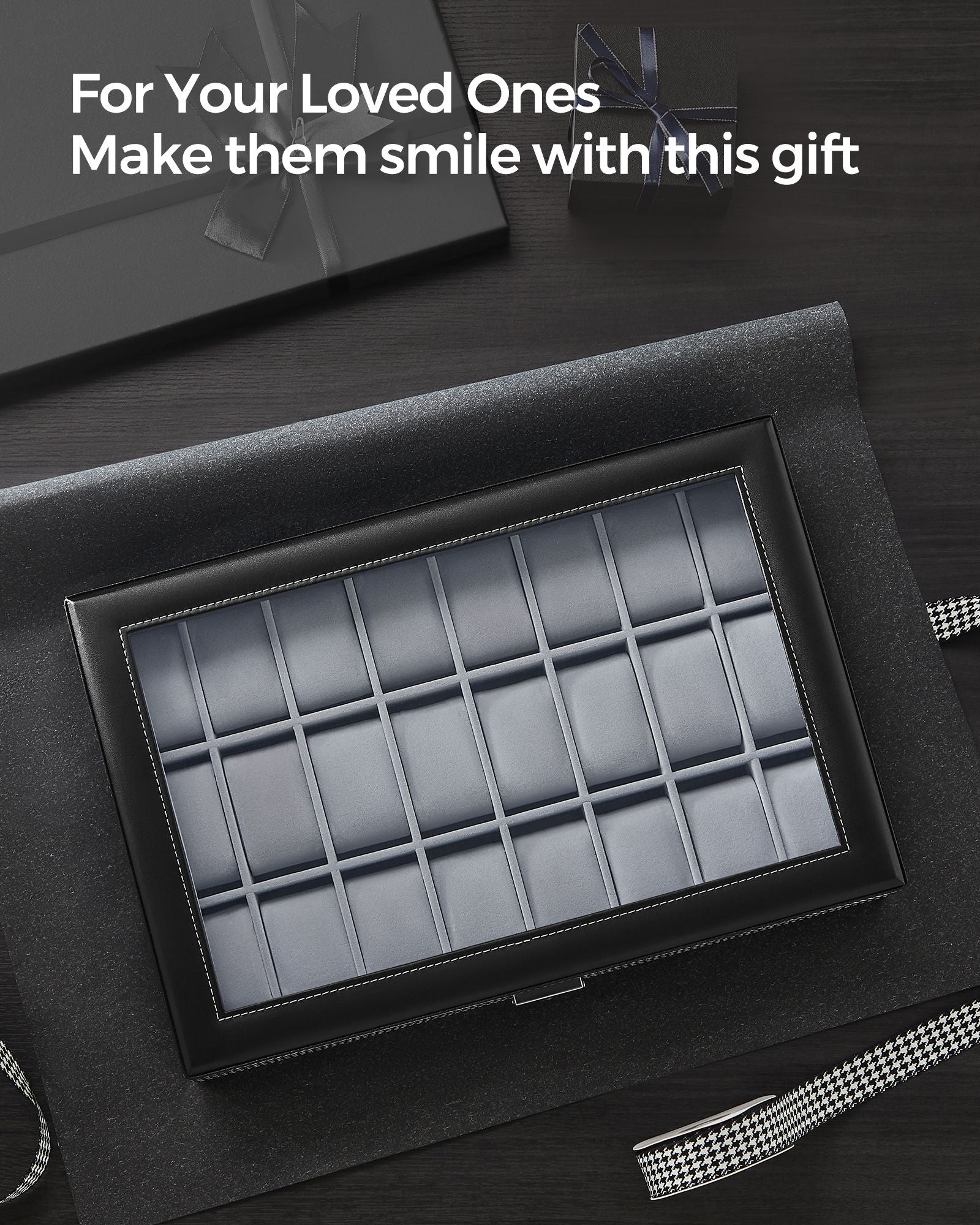 Watch Box - Faux Leather - Black - 24 Slots for Storage and Display