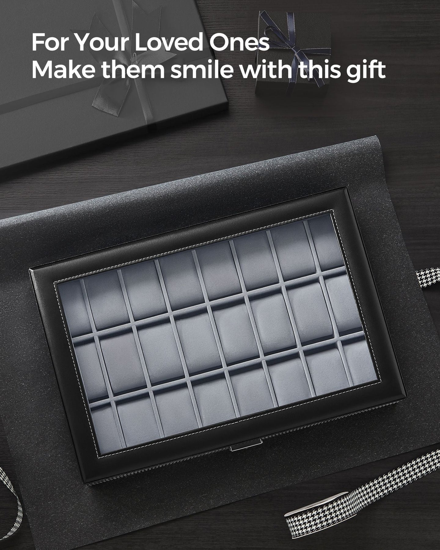 Watch Box - Faux Leather - Black - 24 Slots for Storage and Display