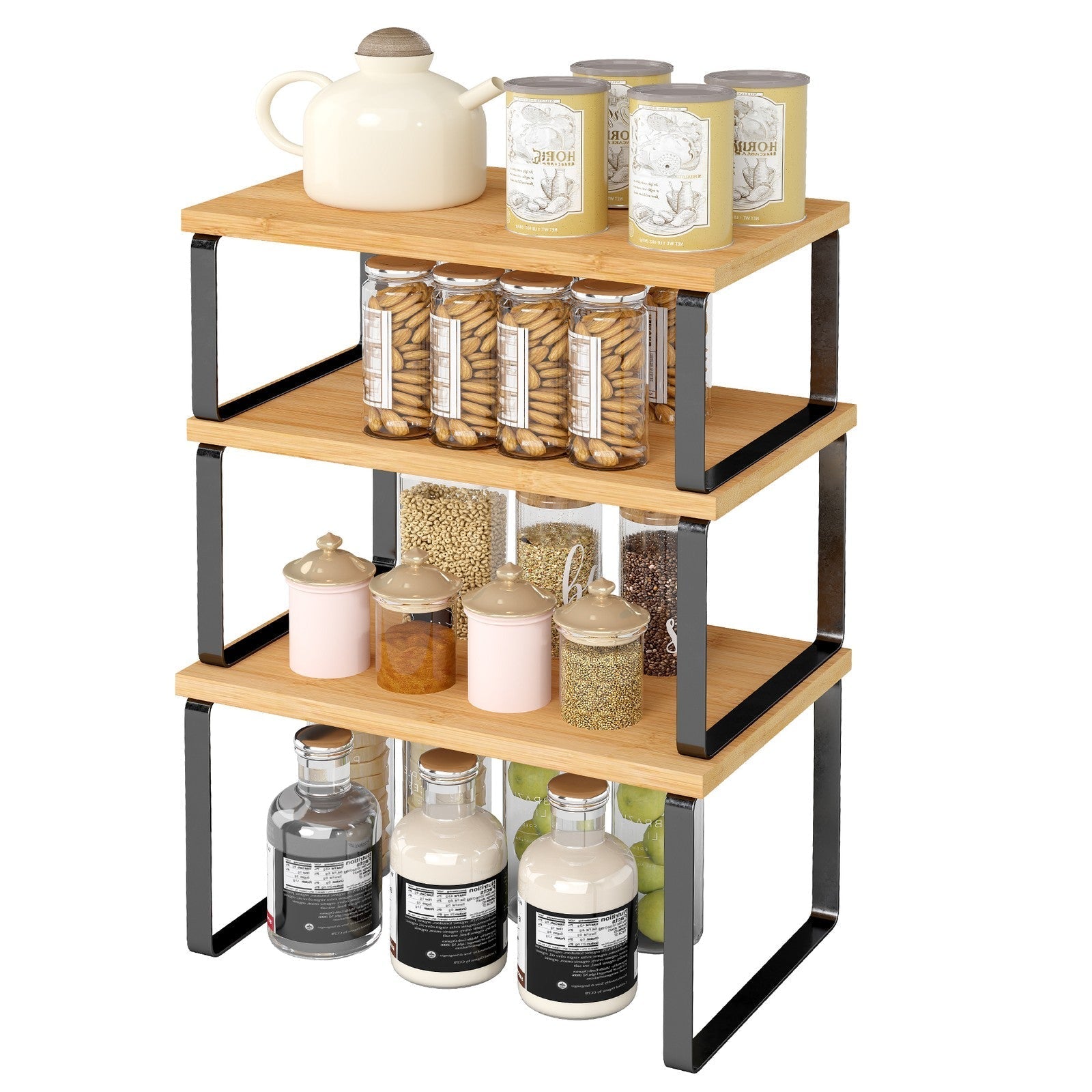 Set of 3 Pantry Storage Shelves - Metal - Ink Black - Expandable and Stackable Counter Organisers