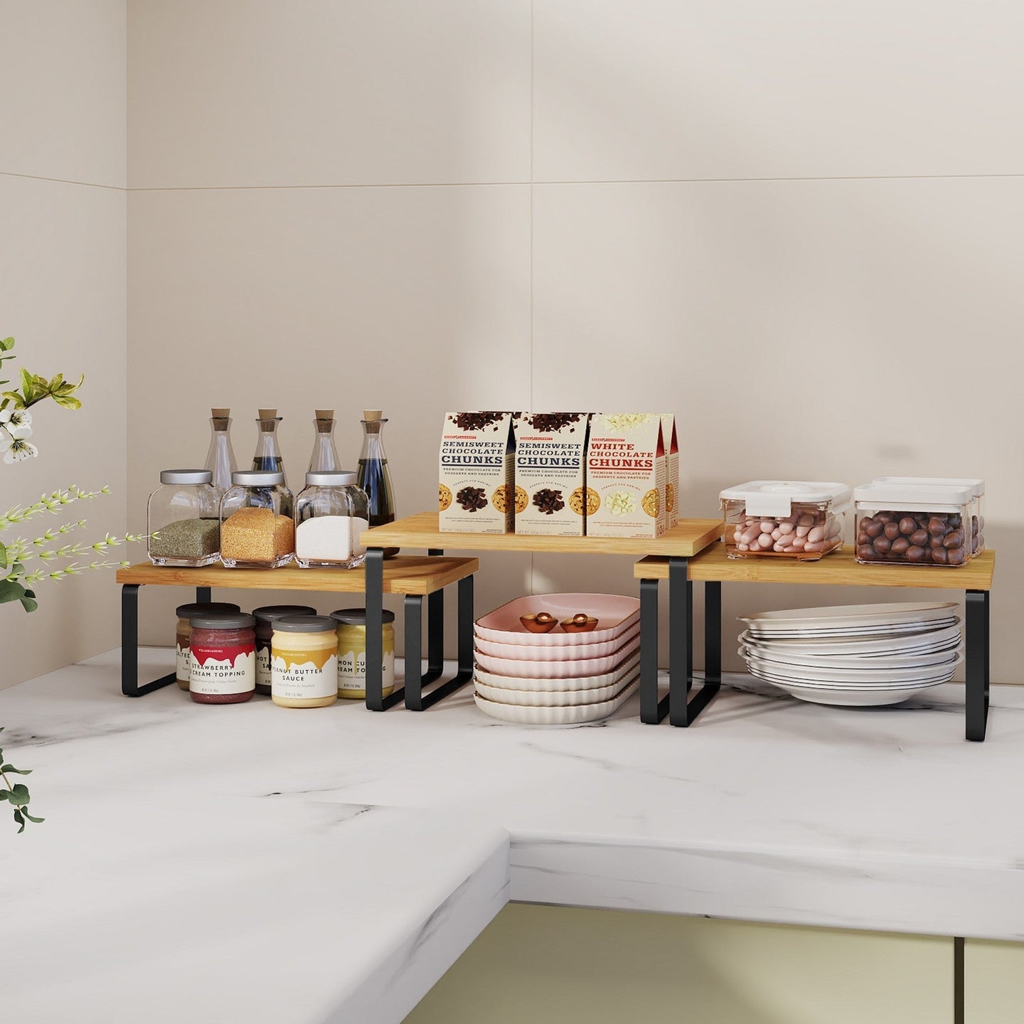 Set of 3 Pantry Storage Shelves - Metal - Ink Black - Expandable and Stackable Counter Organisers