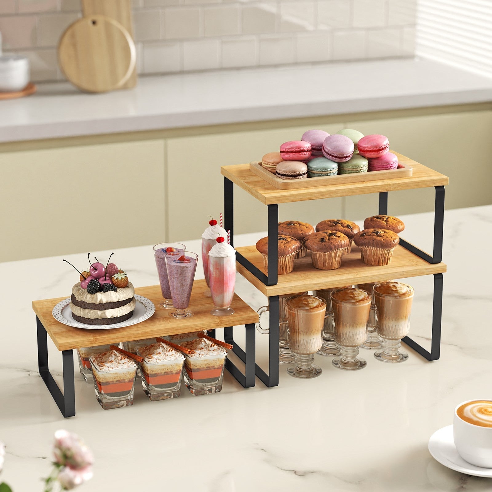 Set of 3 Pantry Storage Shelves - Metal - Ink Black - Expandable and Stackable Counter Organisers