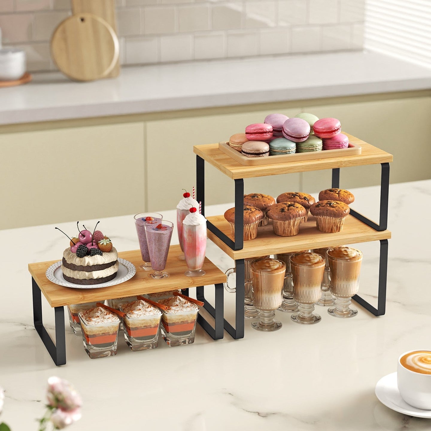 Set of 3 Pantry Storage Shelves - Metal - Ink Black - Expandable and Stackable Counter Organisers