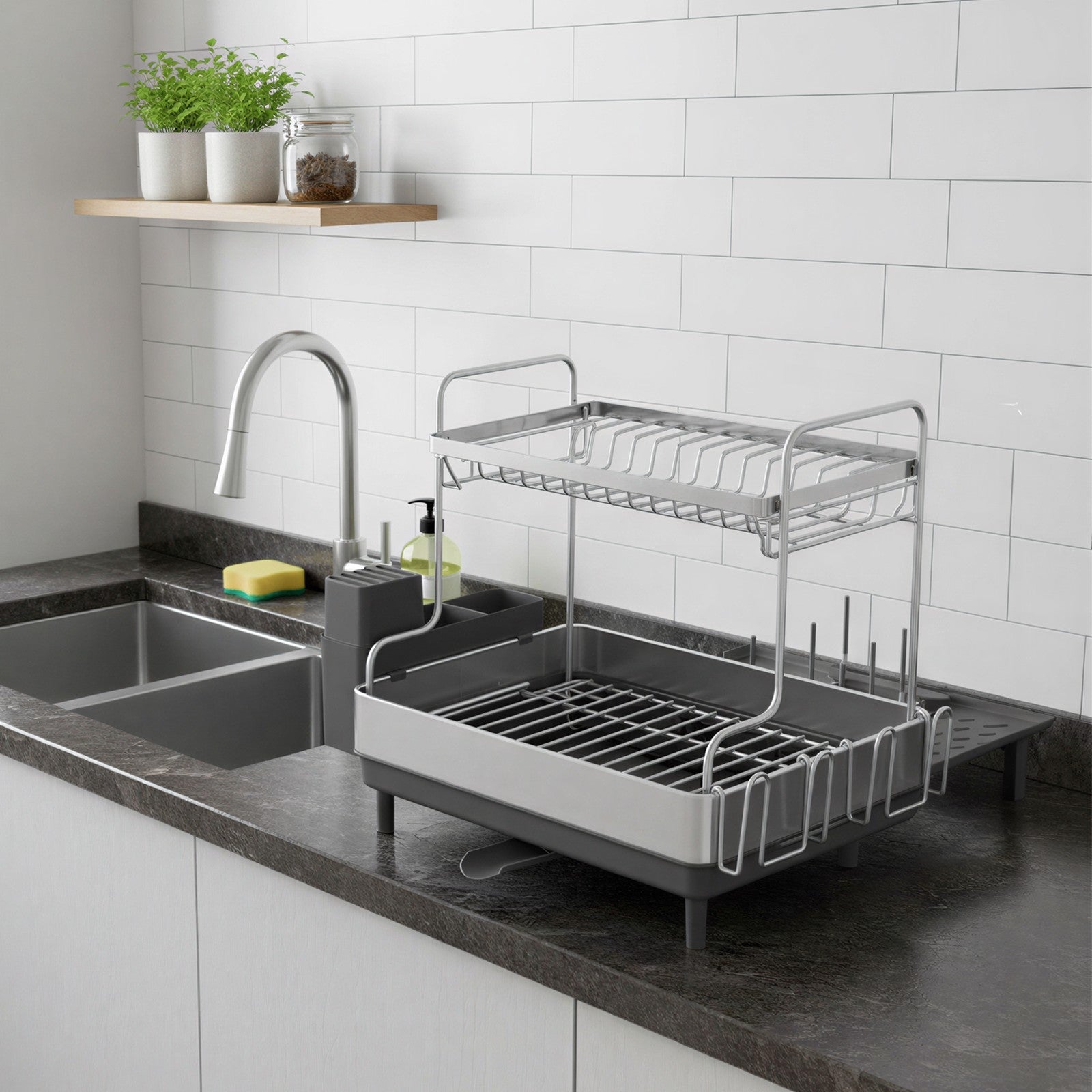 Expandable Dish Drying Rack - 30L - Stainless Steel - Rotatable Drainage Spout