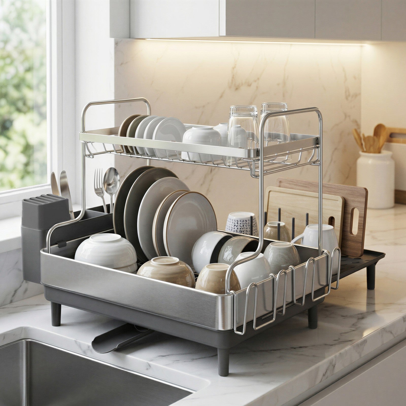 Expandable Dish Drying Rack - 30L - Stainless Steel - Rotatable Drainage Spout