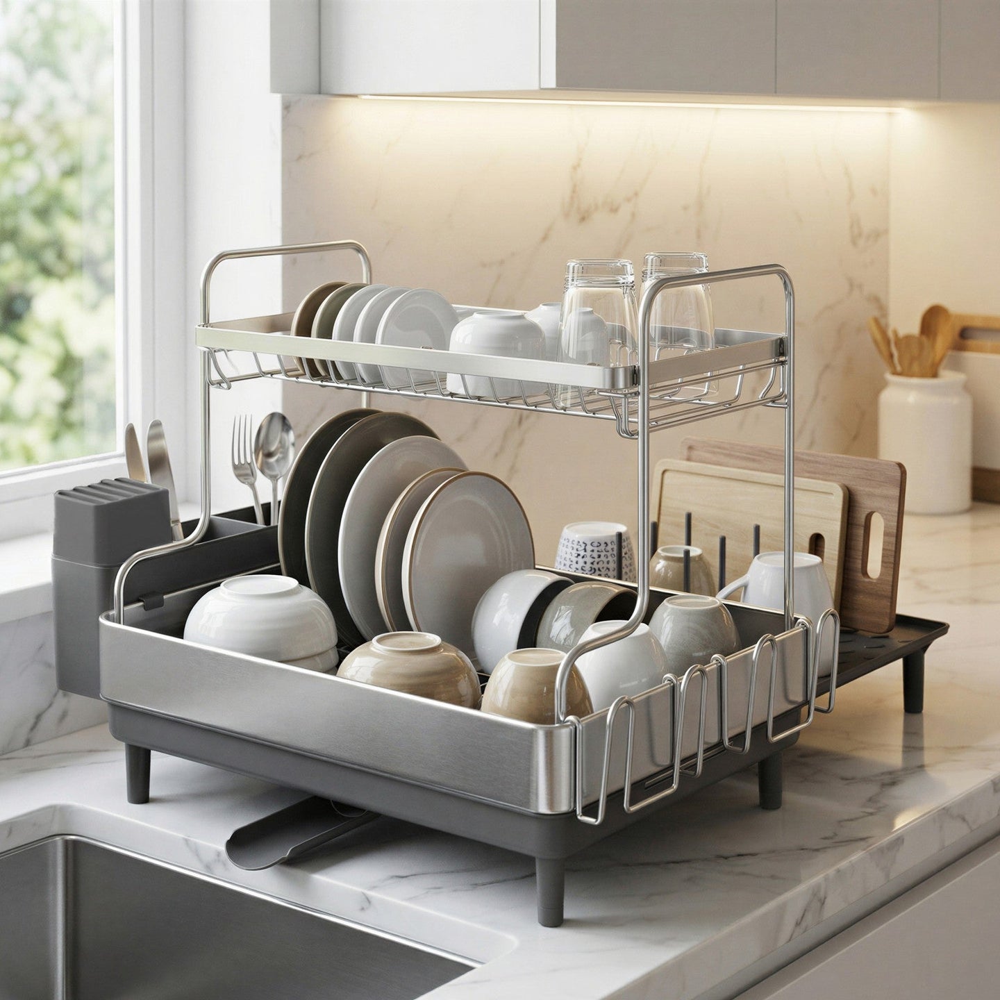 Expandable Dish Drying Rack - 30L - Stainless Steel - Rotatable Drainage Spout
