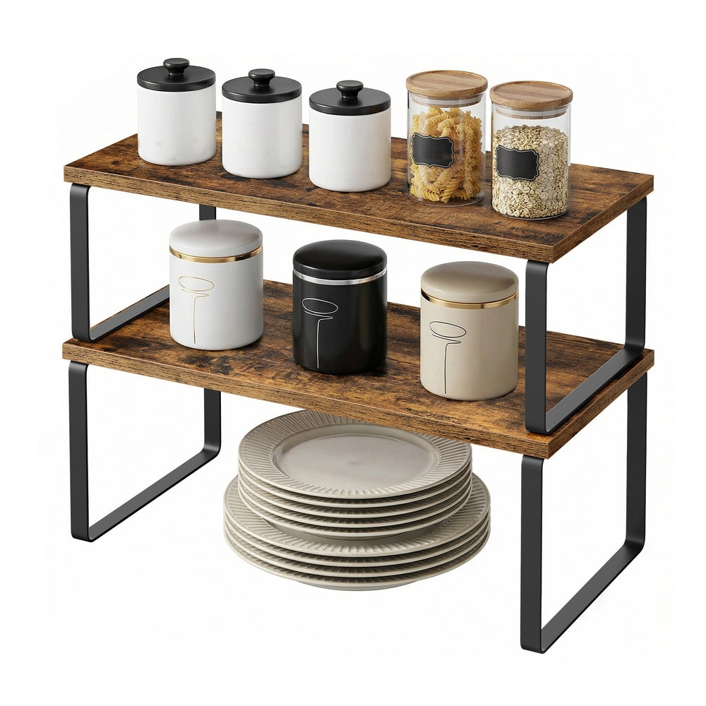 Set of 2 Expandable Cupboard Shelf Organisers - Metal and Engineered Wood - Black