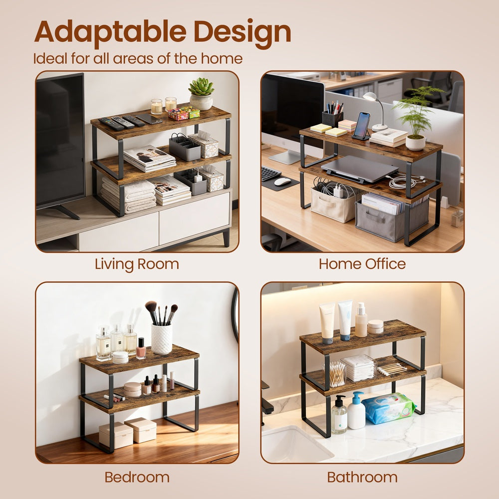 Set of 2 Expandable Cupboard Shelf Organisers - Metal and Engineered Wood - Black