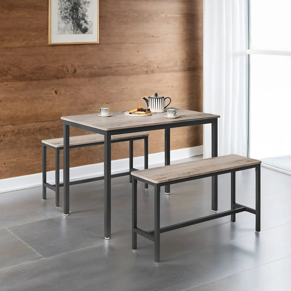 Dining Table Set - Wood and Steel - Grey - with Benches