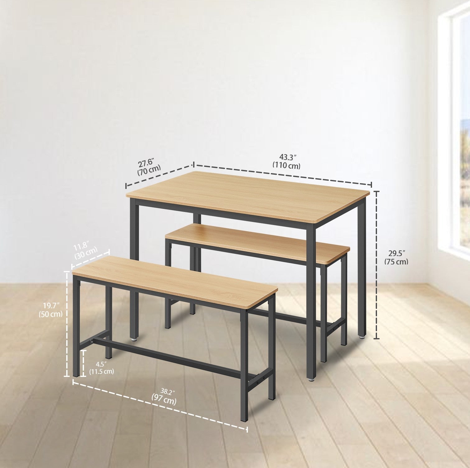 Dining Table Set - Includes 2 Benches - Steel - Rustic Brown and Black