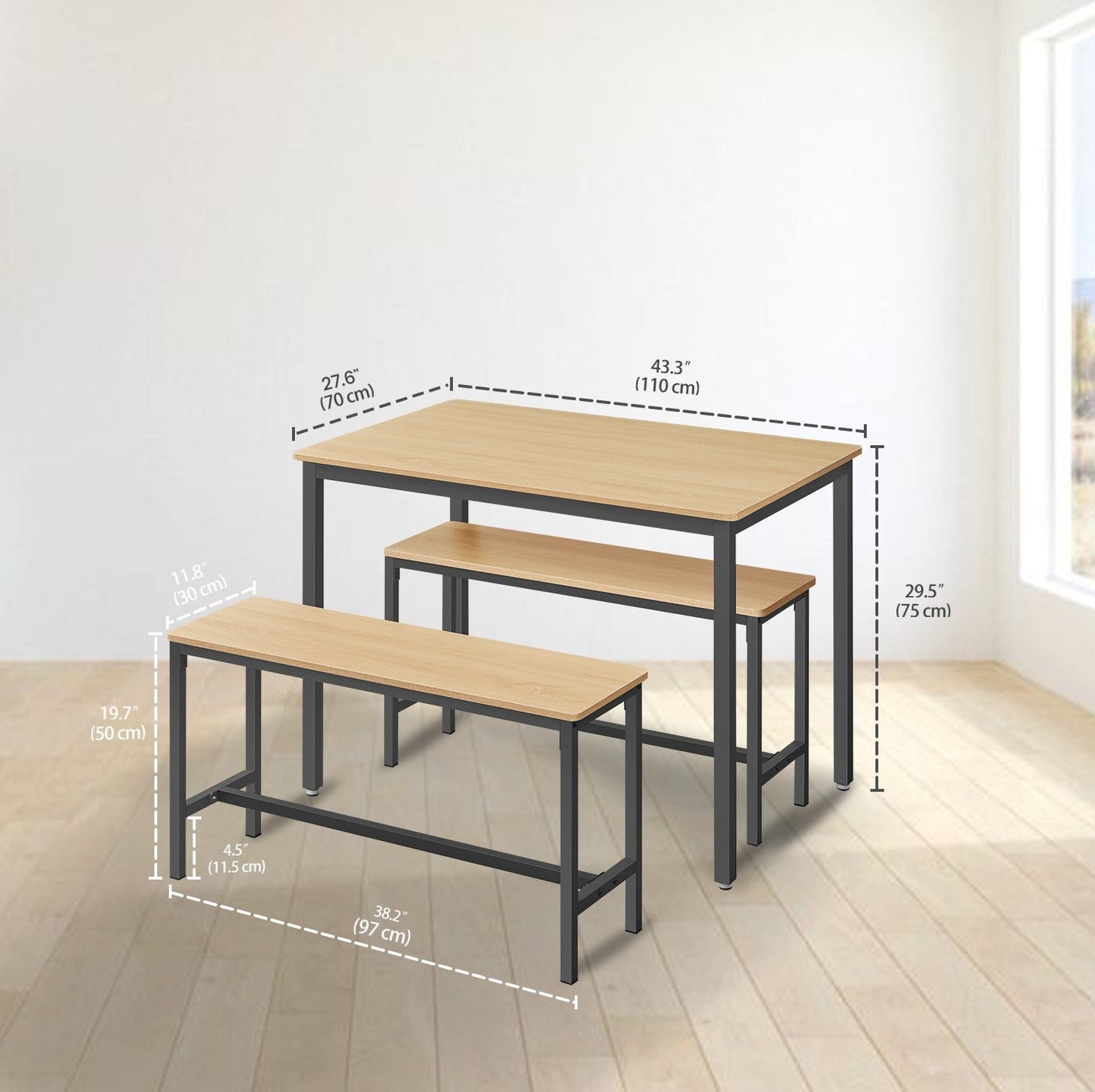 Dining Table Set - Includes 2 Benches - Steel - Rustic Brown and Black