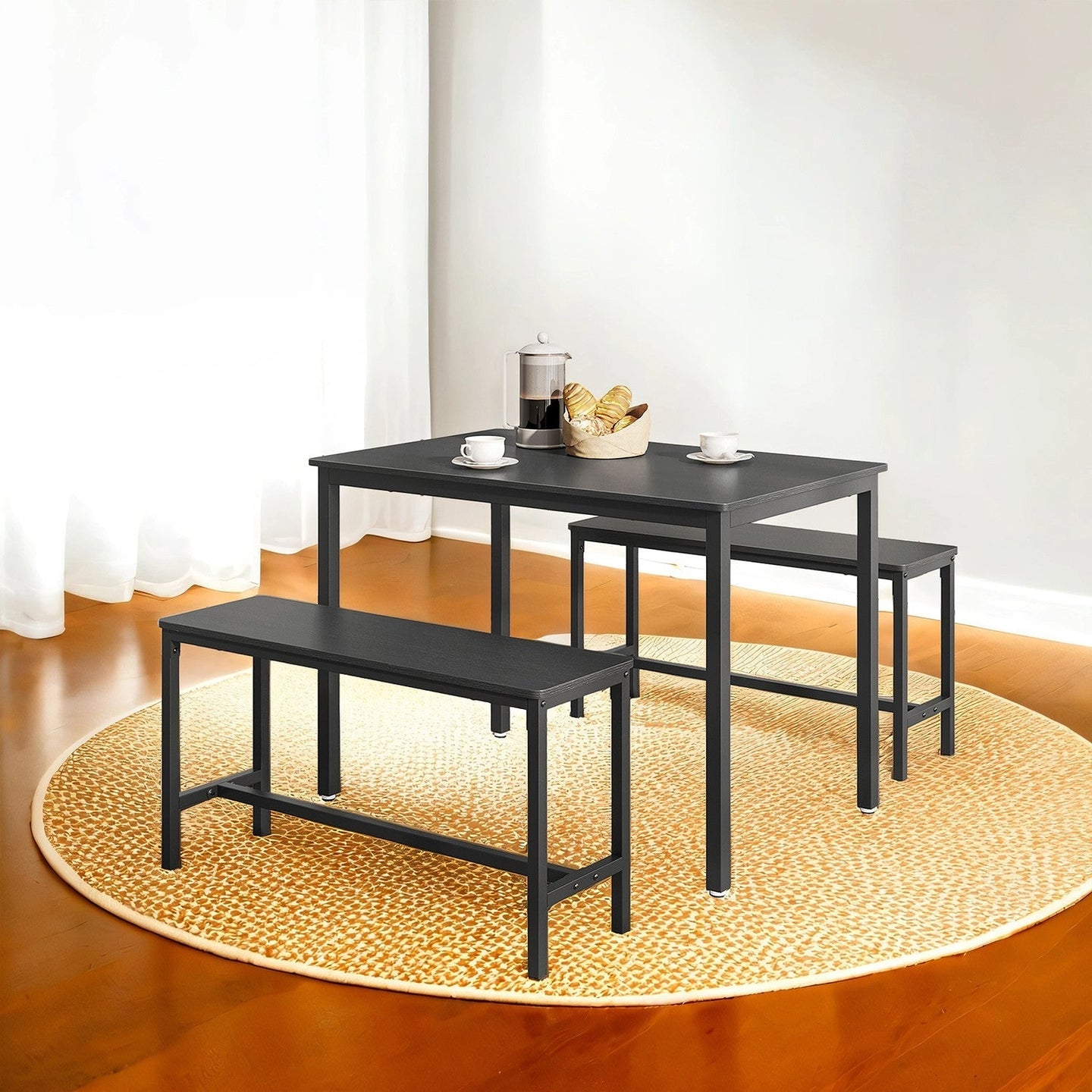 Dining Table Set - Includes 2 Benches - Steel - Rustic Brown and Black