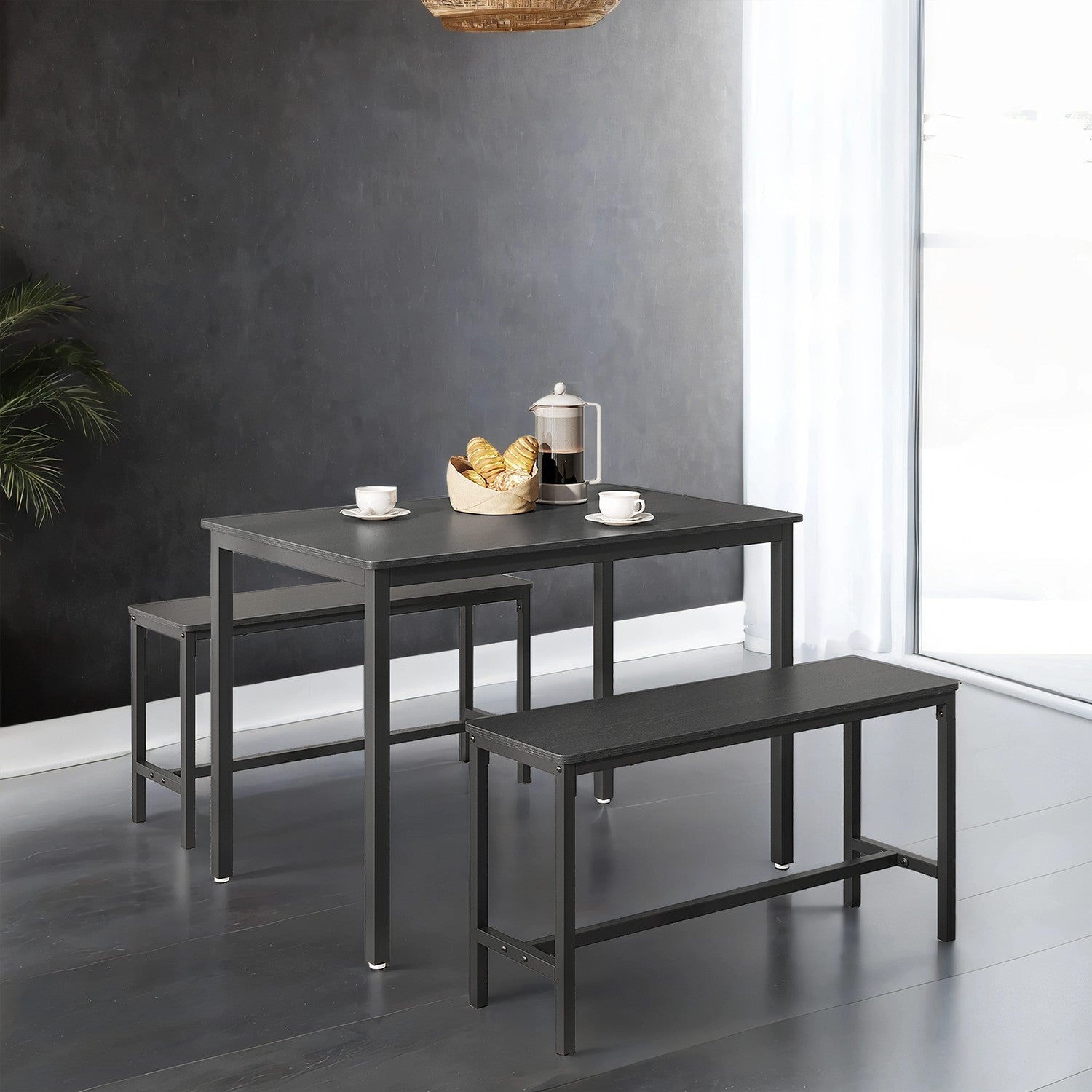 Dining Table Set - Includes 2 Benches - Steel - Rustic Brown and Black