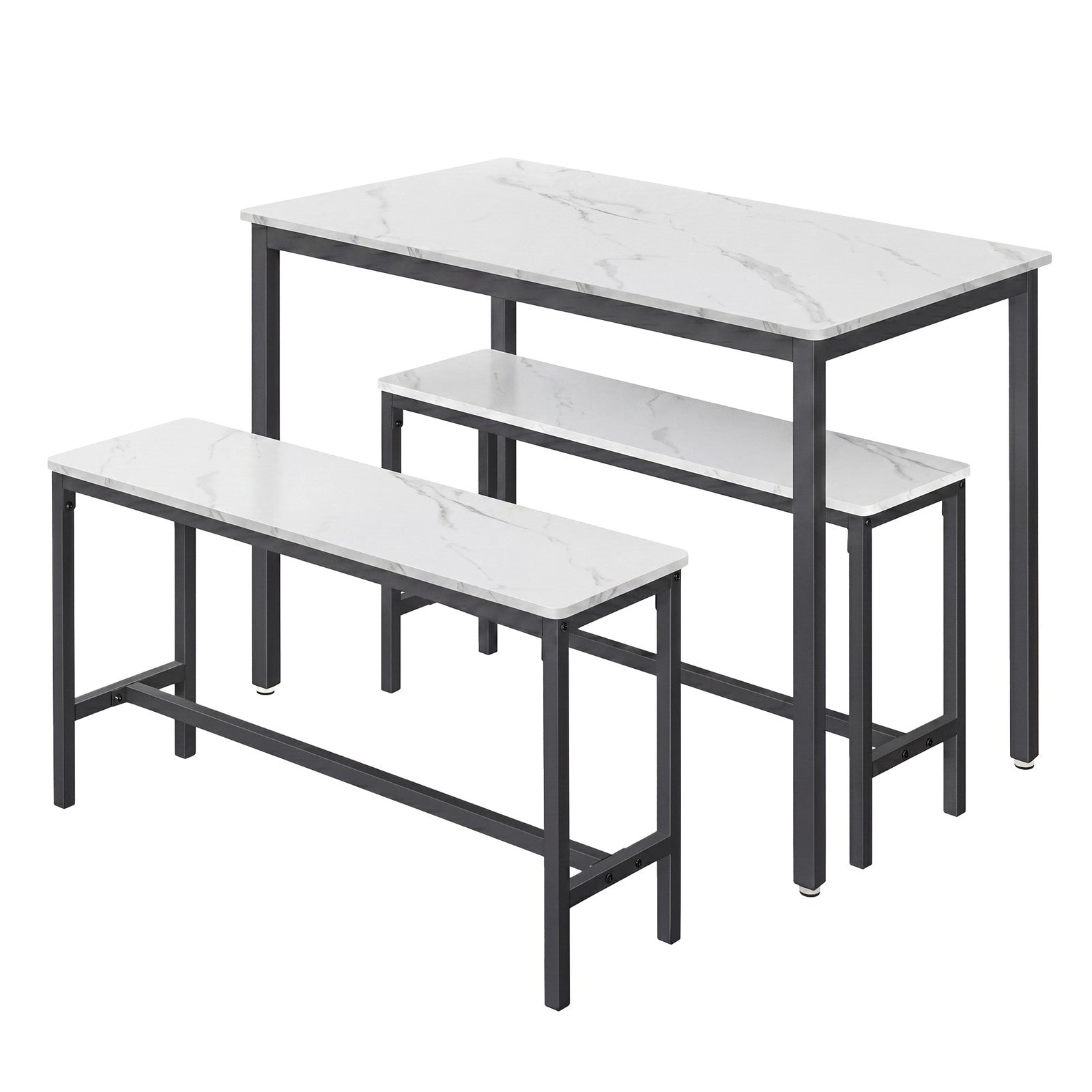 Dining Table - Particleboard and Steel - Marble White - with 2 Benches