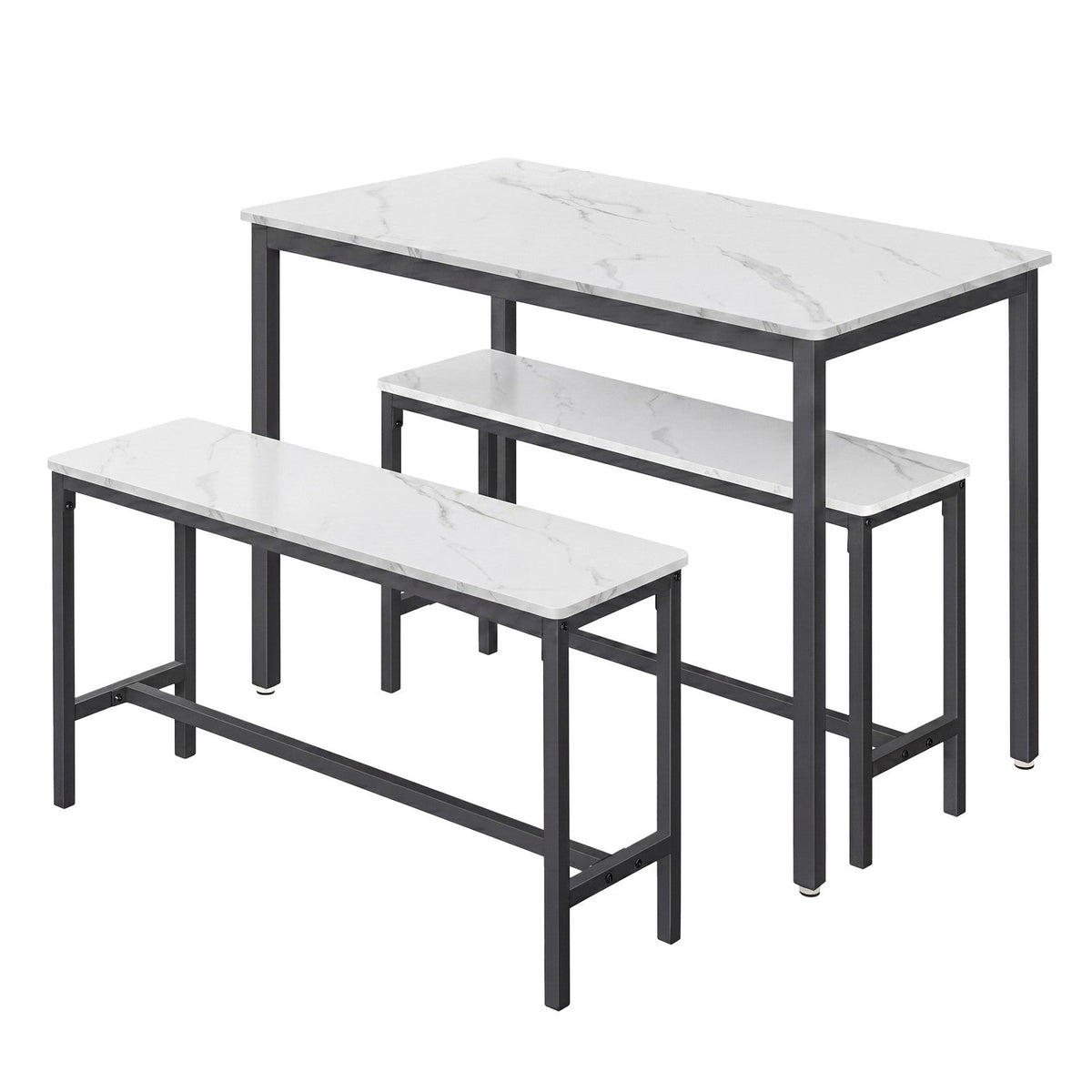 Dining Table - Particleboard and Steel - Marble White - with 2 Benches
