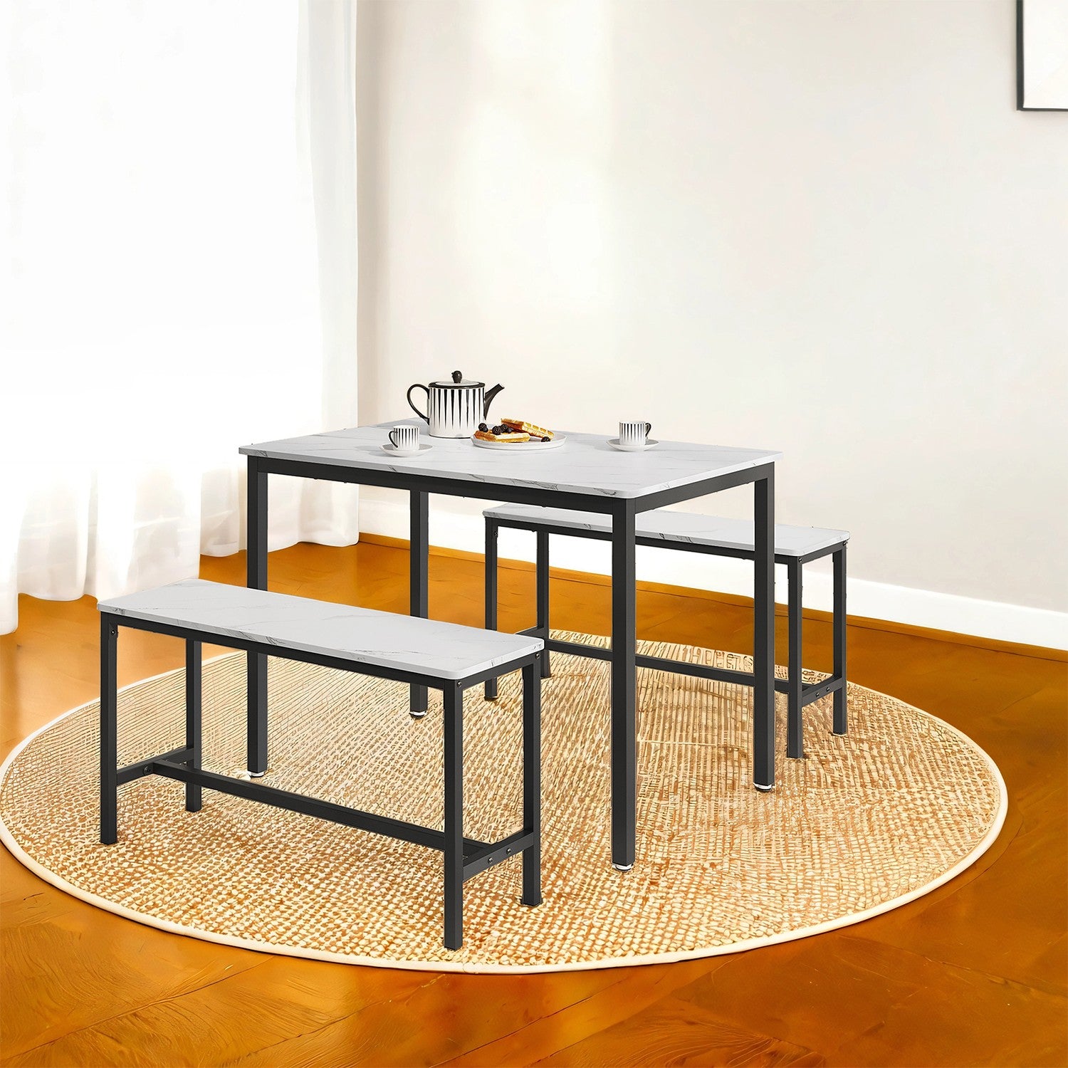 Dining Table - Particleboard and Steel - Marble White - with 2 Benches